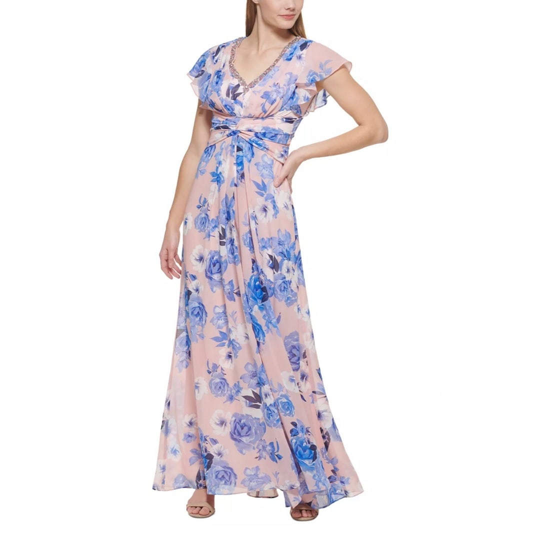 Eliza J Pink Blue Floral Fit & Flare Gown V-Neck Flutter Sleeves: Eliza J Pink Blue Floral Fit & Flare Gown V-Neck Flutter Sleeves Elevate your formal wardrobe with this stunning floral-print gown by Eliza J. Featuring a vibrant pink and blue floral pattern, this go