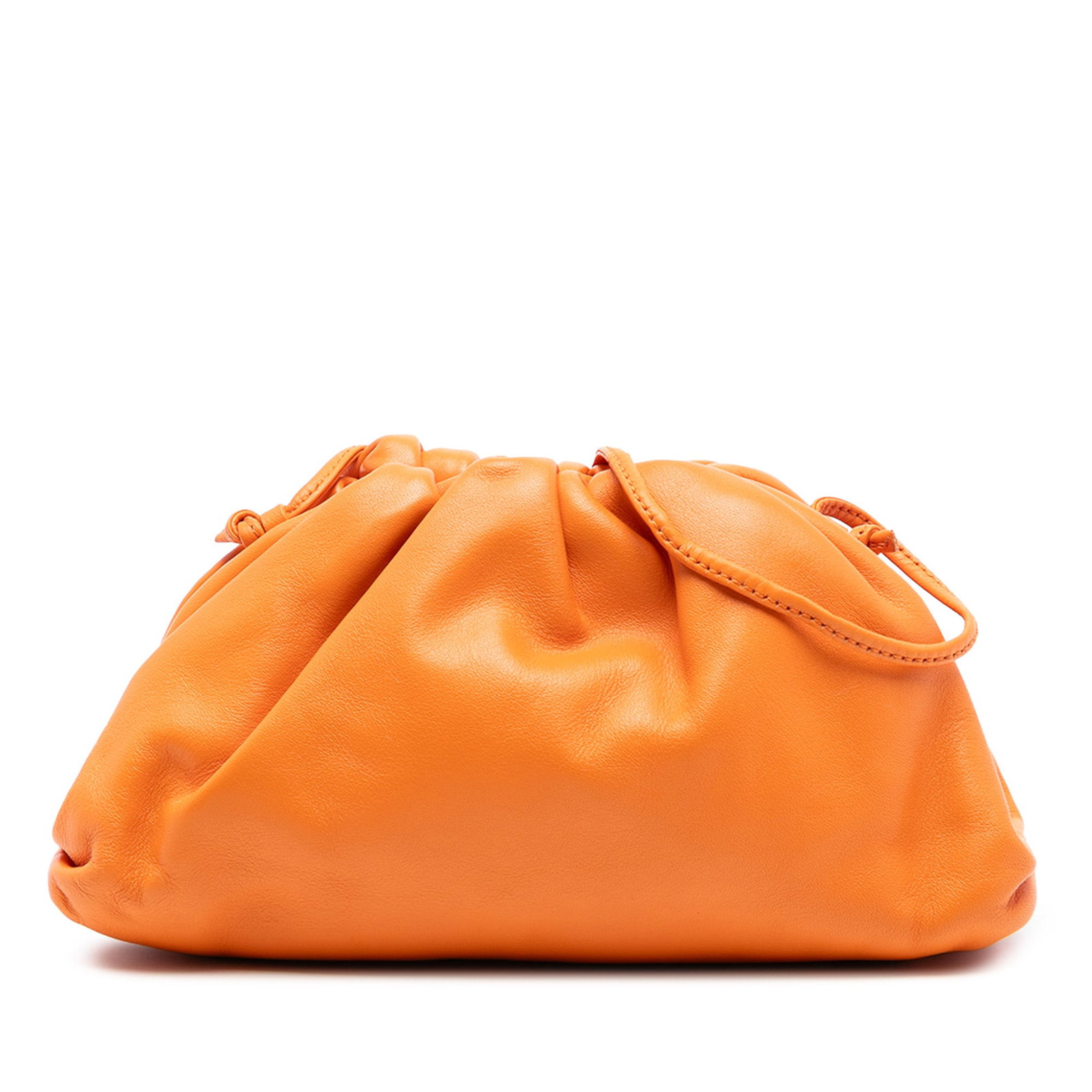 Bottega Veneta Mini Pouch Orange Leather Crossbody Bag: Bottega Veneta Mini Pouch Orange Leather Crossbody Bag This Bottega Veneta The Mini Pouch Crossbody is crafted from lambskin leather in orange. It features a flat leather strap and a magnetic closure.