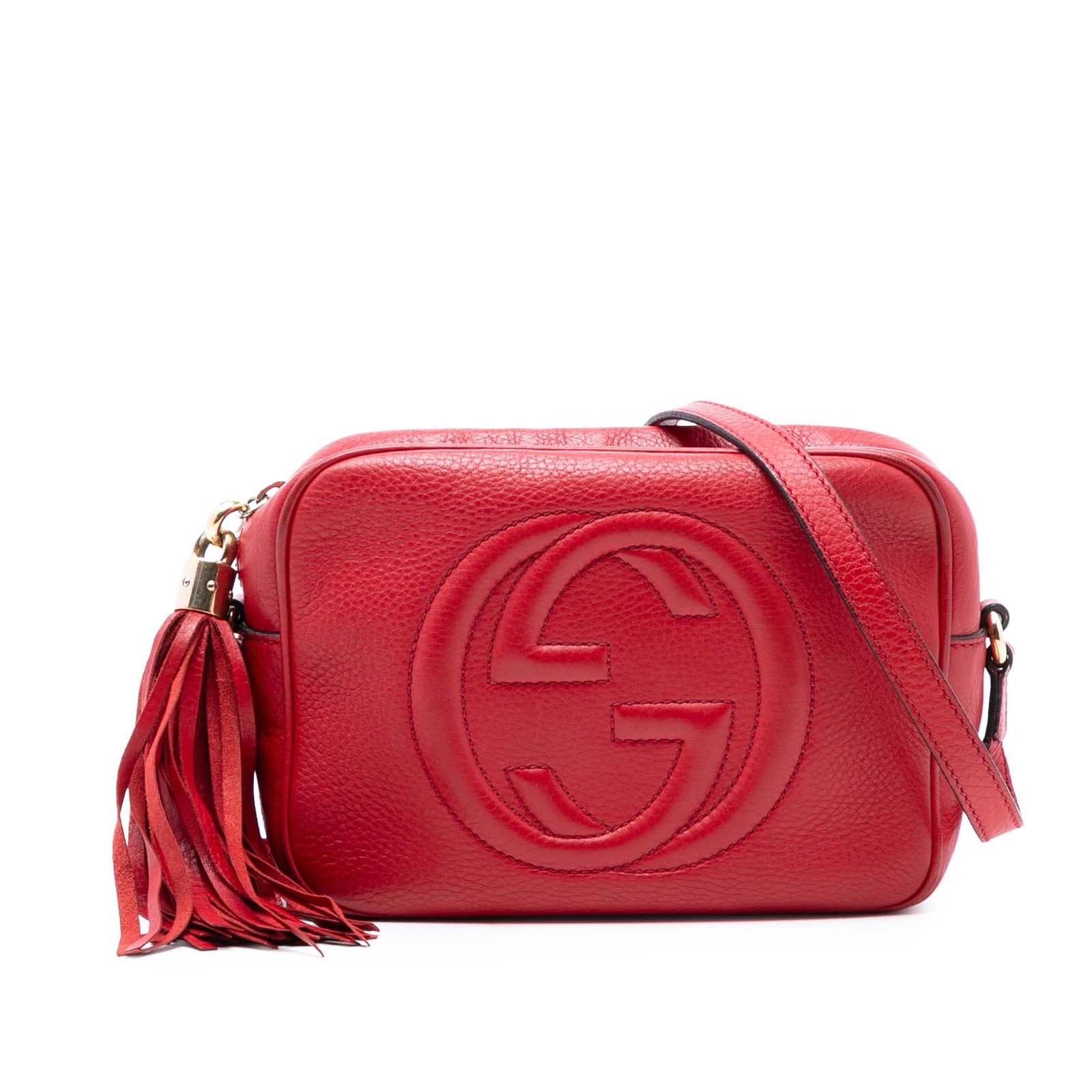 Red Gucci Soho Disco Leather Crossbody Bag with Tassel Detail: Red Gucci Soho Disco Leather Crossbody Bag with Tassel Detail This Gucci Soho Disco crossbody bag is crafted from red leather and features an adjustable flat leather strap, a tassel detail, a top zip 