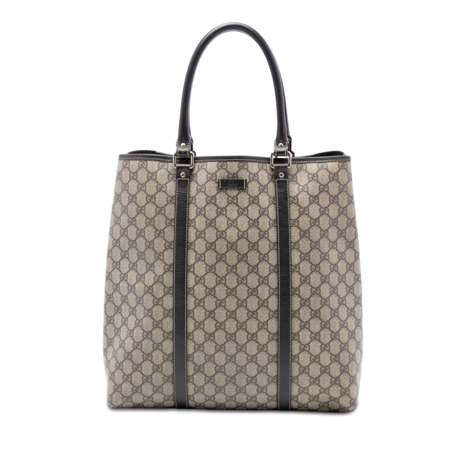 GG Supreme Joy Vertical Tote Bag by Gucci with Leather Trim: GG Supreme Joy Vertical Tote Bag by Gucci with Leather Trim This Gucci GG Supreme Joy Vertical Tote features a coated canvas body with leather trim, rolled leather handles, and an open top with magnet