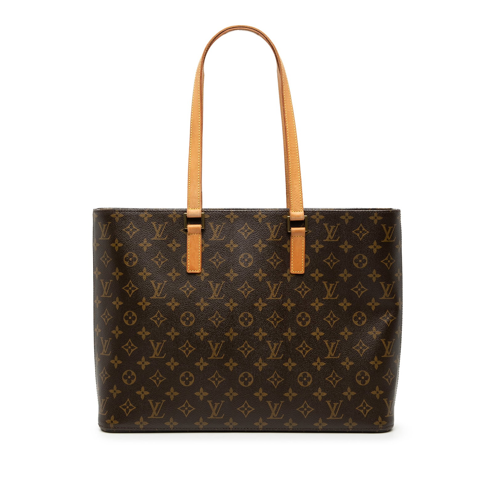 Monogram Canvas Luco Tote Bag with Vachetta Leather Straps: Monogram Canvas Luco Tote Bag with Vachetta Leather Straps The Louis Vuitton Monogram Luco features a monogram canvas exterior with flat vachetta leather straps, a top zip closure, and interior zip an