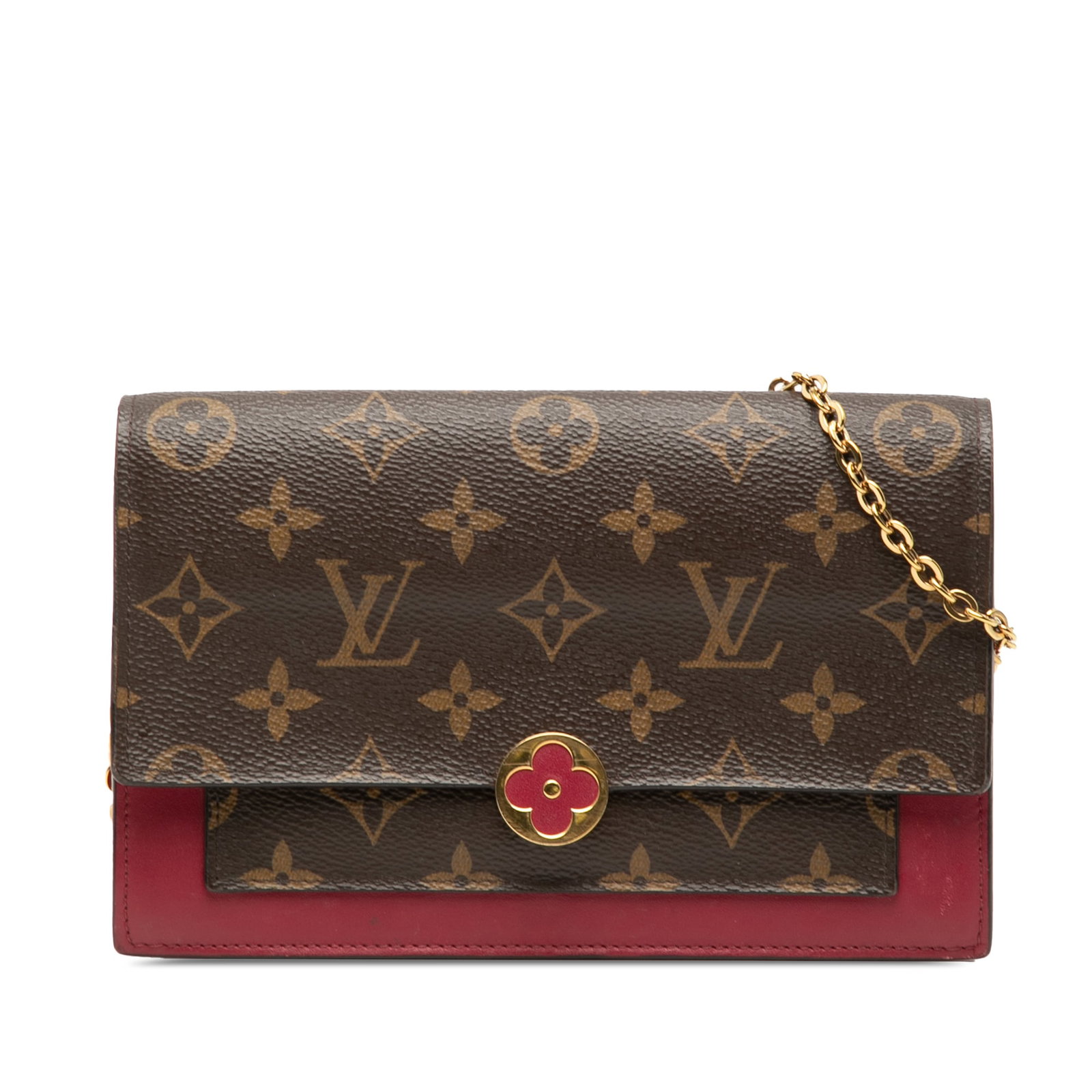 Louis Vuitton Monogram Flore Chain Strap Crossbody Wallet Bag: Louis Vuitton Monogram Flore Chain Strap Crossbody Wallet Bag The Louis Vuitton Monogram Flore Wallet On Chain is crafted from signature monogram canvas and features a chain shoulder strap and a front