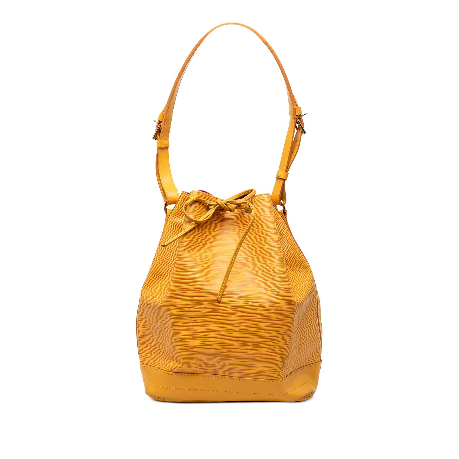 Epi Noe GM Yellow Leather Shoulder Bag with Drawstring by Louis Vuitton: Epi Noe GM Yellow Leather Shoulder Bag with Drawstring by Louis Vuitton The Louis Vuitton Epi Noe GM in yellow features an Epi leather body, an adjustable flat shoulder strap, and a drawstring closure