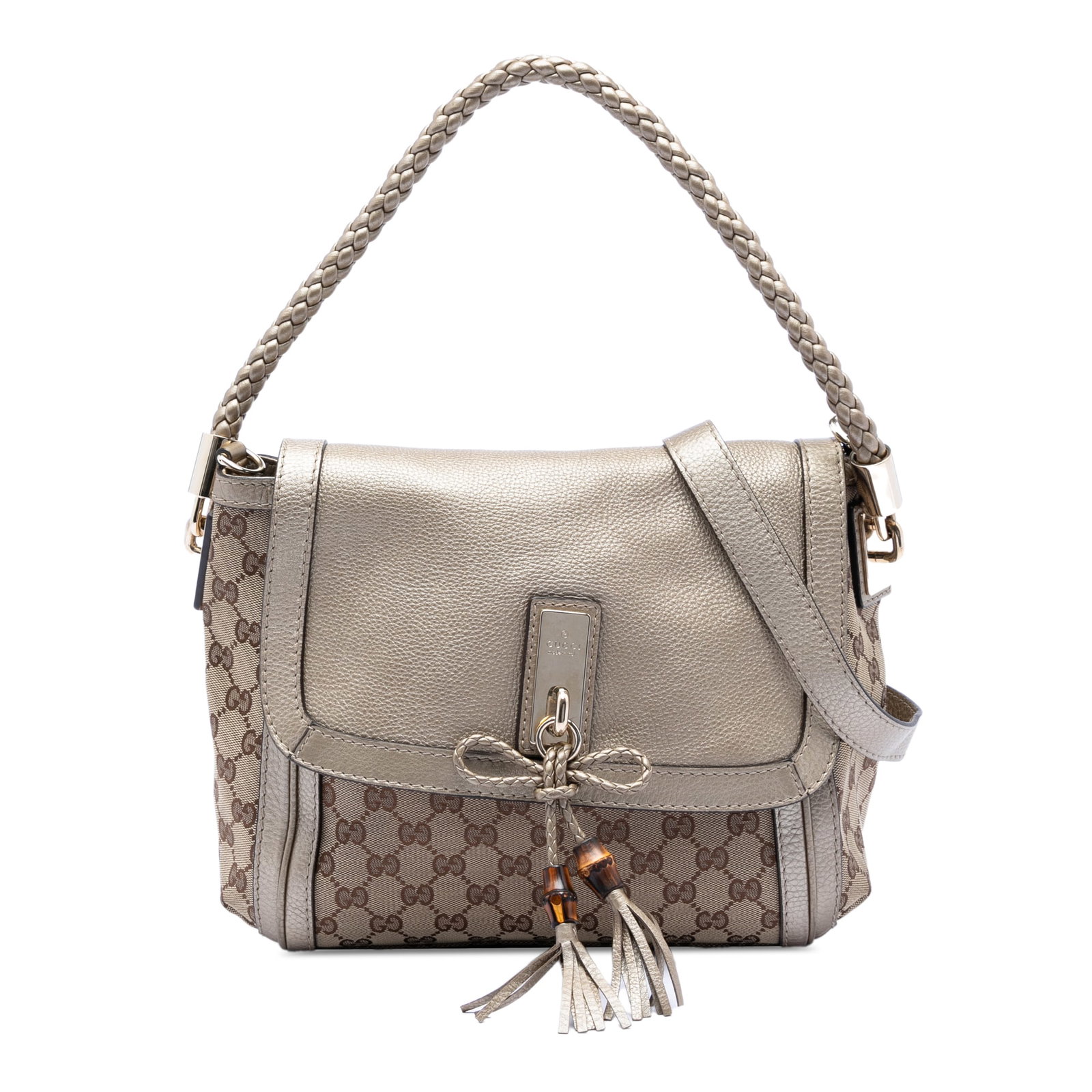 Gucci Bella Satchel GG Canvas with Braided Leather Handle and Flap: Gucci Bella Satchel GG Canvas with Braided Leather Handle and Flap This Gucci GG Canvas Bella Flap Satchel features a beige canvas body accented with leather trim, a braided leather handle, and a deta