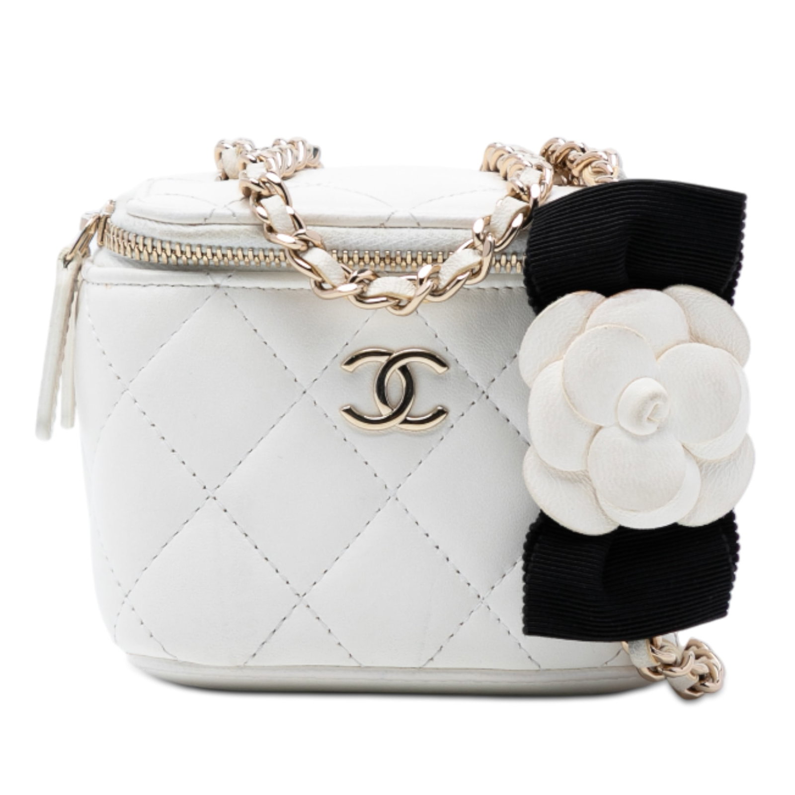 Chanel Camellia Bow Mini Lambskin Vanity Crossbody Bag with Chain: Chanel Camellia Bow Mini Lambskin Vanity Crossbody Bag with Chain This Chanel Mini Quilted Lambskin Camellia Bow Vanity Case features a quilted lambskin leather body in white, complemented by a leathe