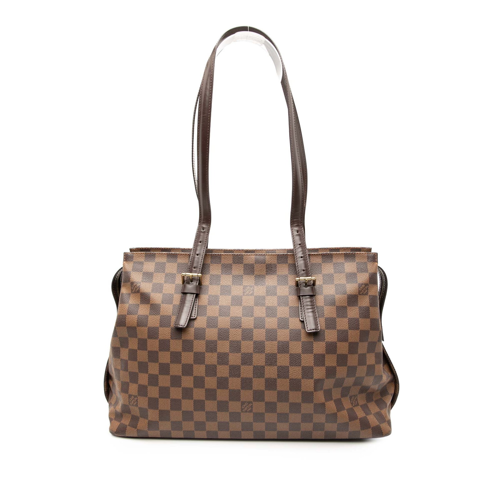 Louis Vuitton Damier Ebene Chelsea Bag with Leather Trim: Louis Vuitton Damier Ebene Chelsea Bag with Leather Trim The Louis Vuitton Damier Ebene Chelsea bag showcases an elegant damier ebene canvas complemented by leather trim. It features flat leather shou
