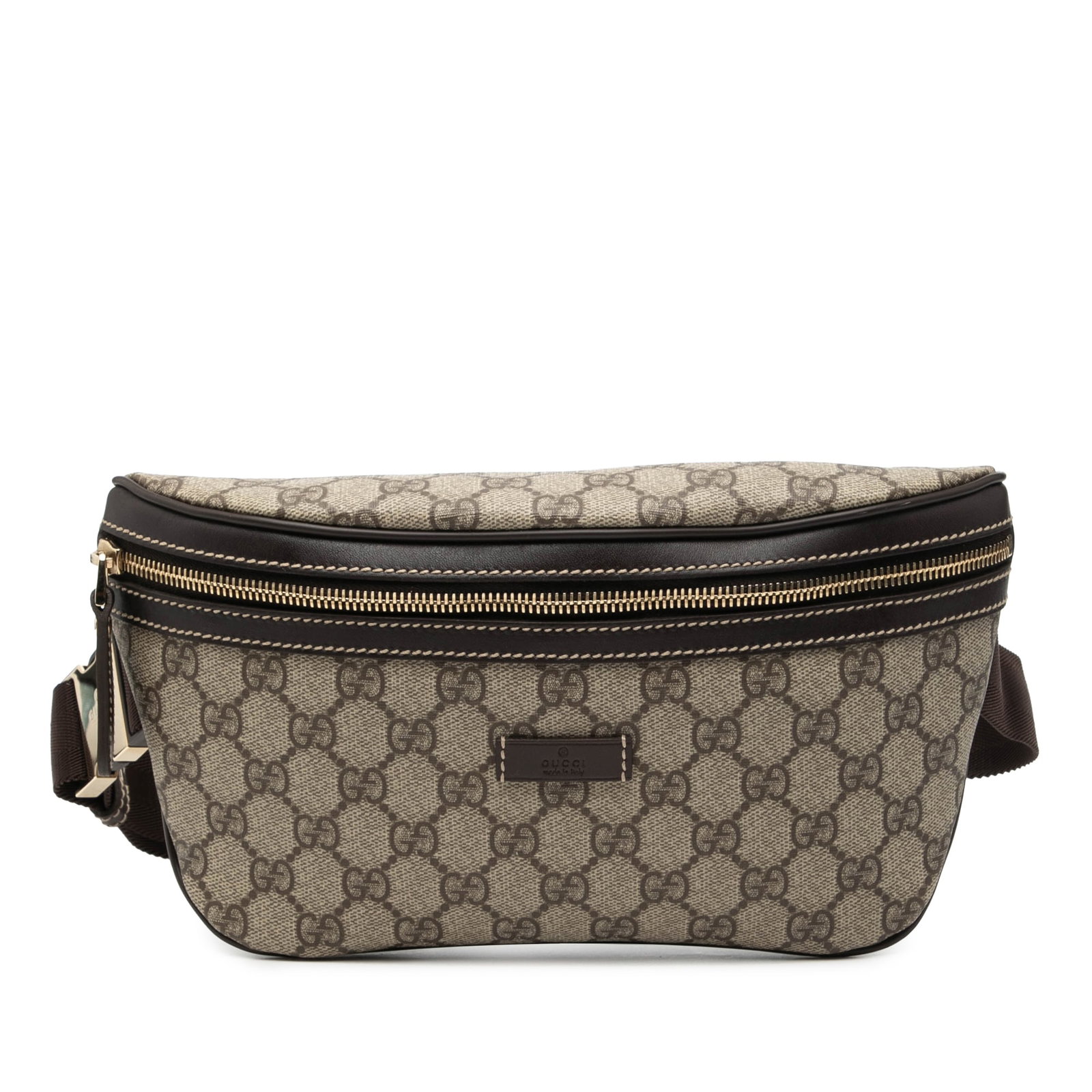 Beige GG Supreme Coated Canvas Waist Bag by Gucci: Beige GG Supreme Coated Canvas Waist Bag by Gucci This Gucci GG Supreme Belt Bag features a coated canvas body with leather trim, an adjustable flat waist strap with buckle closure, a top zip closure,