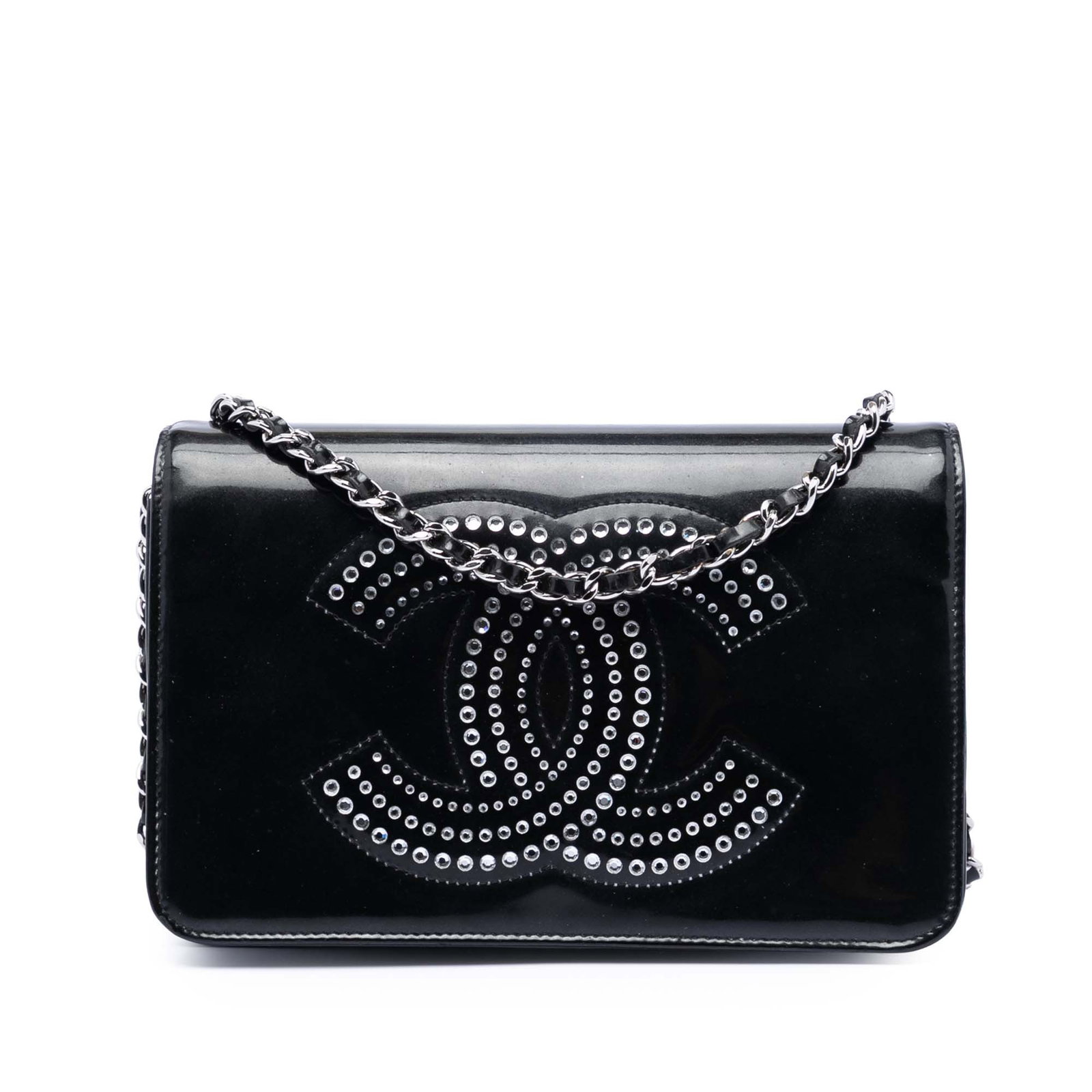 Chanel Wallet On Chain Black Patent Leather with Rhinestone Accents: Chanel Wallet On Chain Black Patent Leather with Rhinestone Accents This Chanel wallet on chain features a black patent leather body with rhinestone embellishments, a leather-woven chain link strap, a