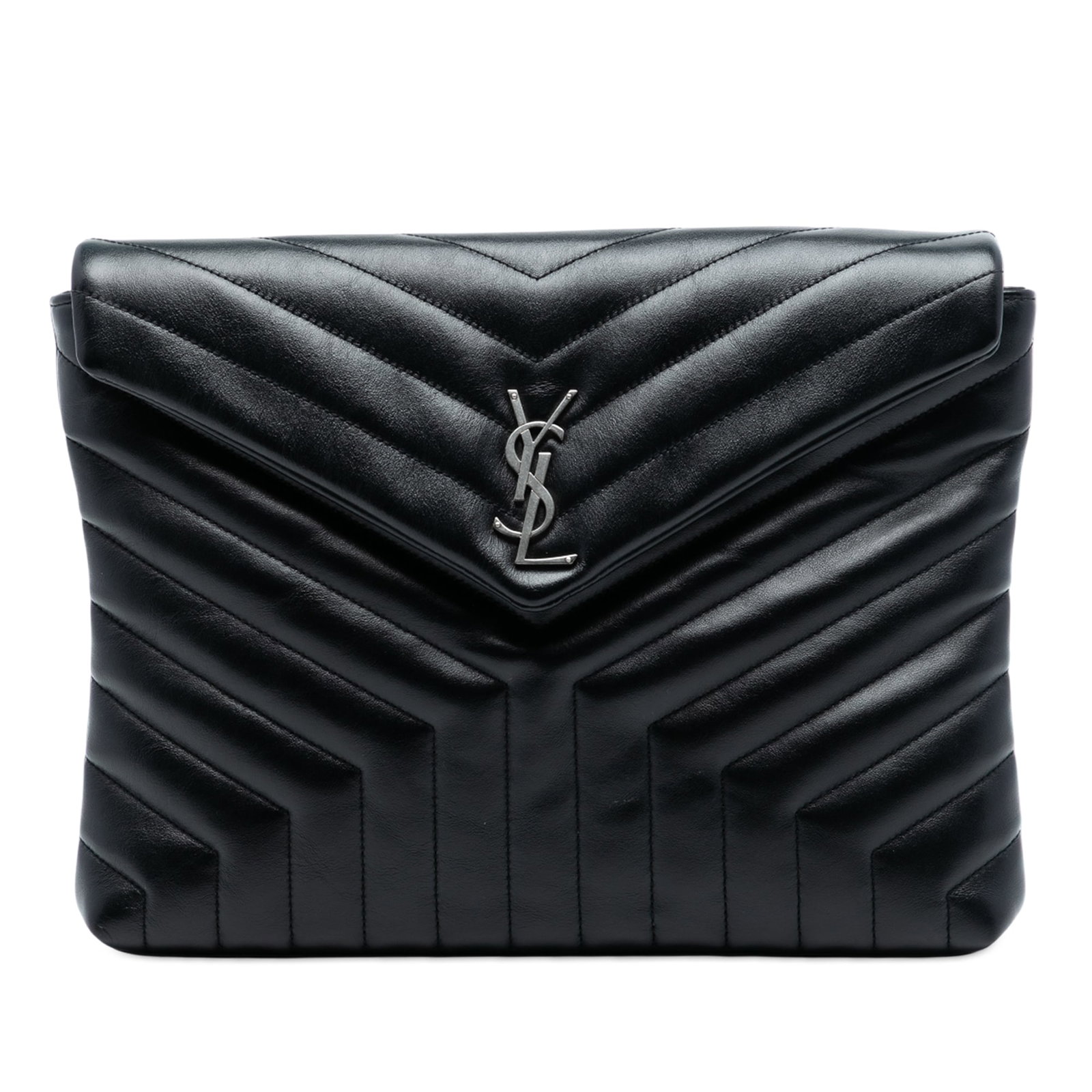 Black Leather LouLou Quilted Clutch by Saint Laurent: Black Leather LouLou Quilted Clutch by Saint Laurent This Saint Laurent LouLou Document Clutch features a quilted leather exterior in black with a front flap and magnetic snap closure. It is crafted f
