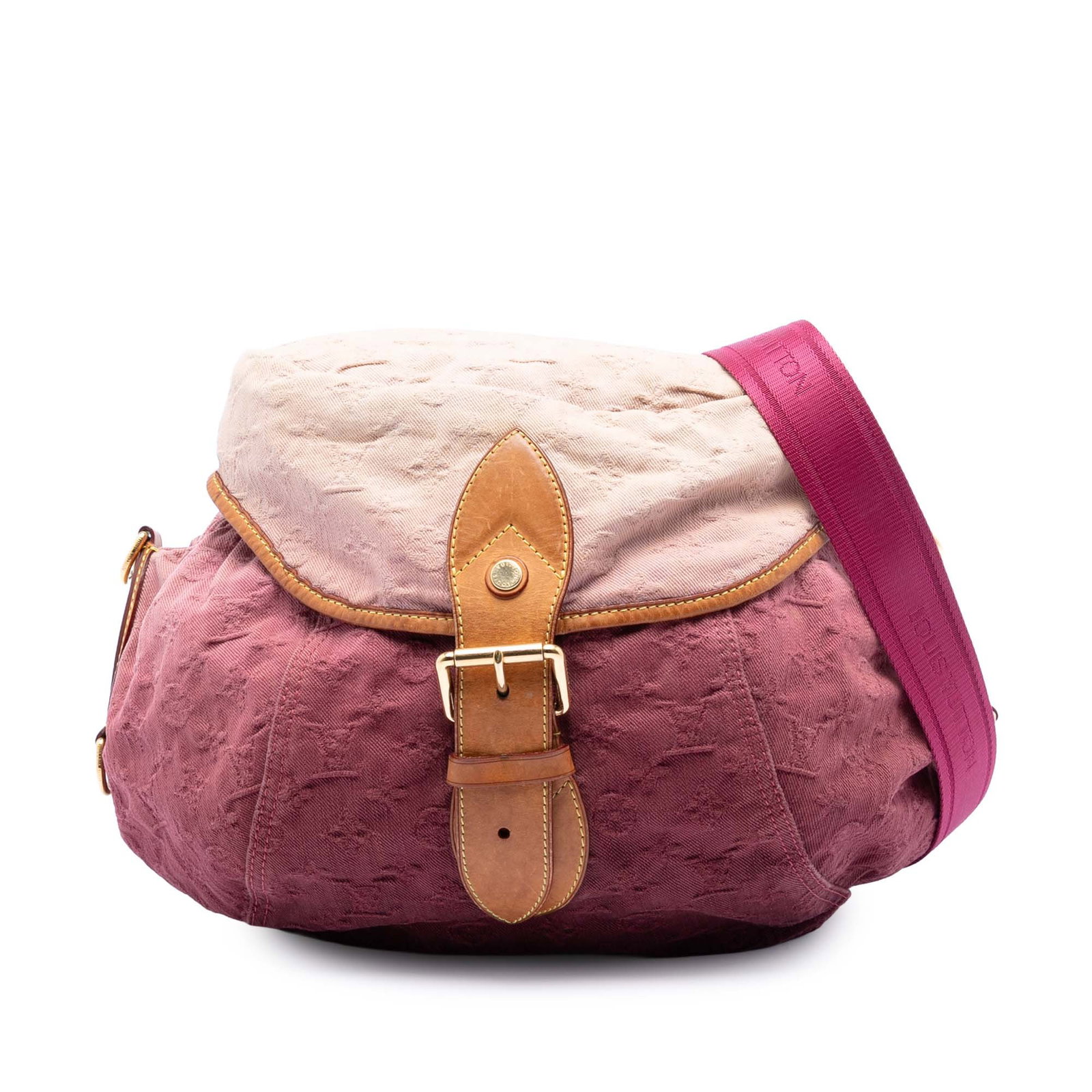 Monogram Denim Sunshine Pink Shoulder Bag with Vachetta Leather Trim: Monogram Denim Sunshine Pink Shoulder Bag with Vachetta Leather Trim This Louis Vuitton Monogram Denim Sunshine bag features a pink monogram denim body with vachetta leather trim, an adjustable flat s