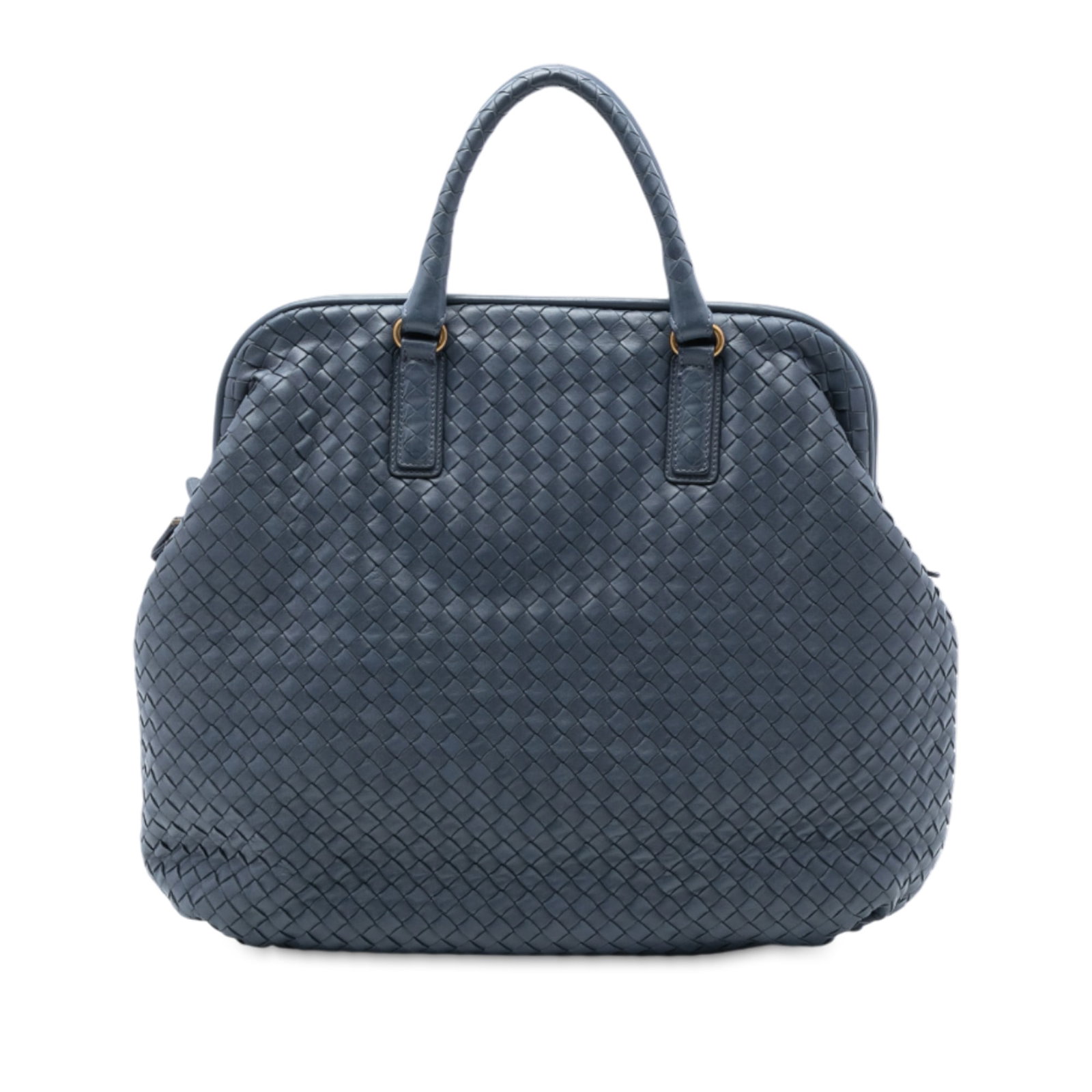 Blue Nappa Leather Intrecciato Frame Top Handle Bag by Bottega Veneta: Blue Nappa Leather Intrecciato Frame Top Handle Bag by Bottega Veneta This Bottega Veneta Nappa Intrecciato Frame Top Handle Bag is crafted in blue woven nappa leather and features rolled leather top 