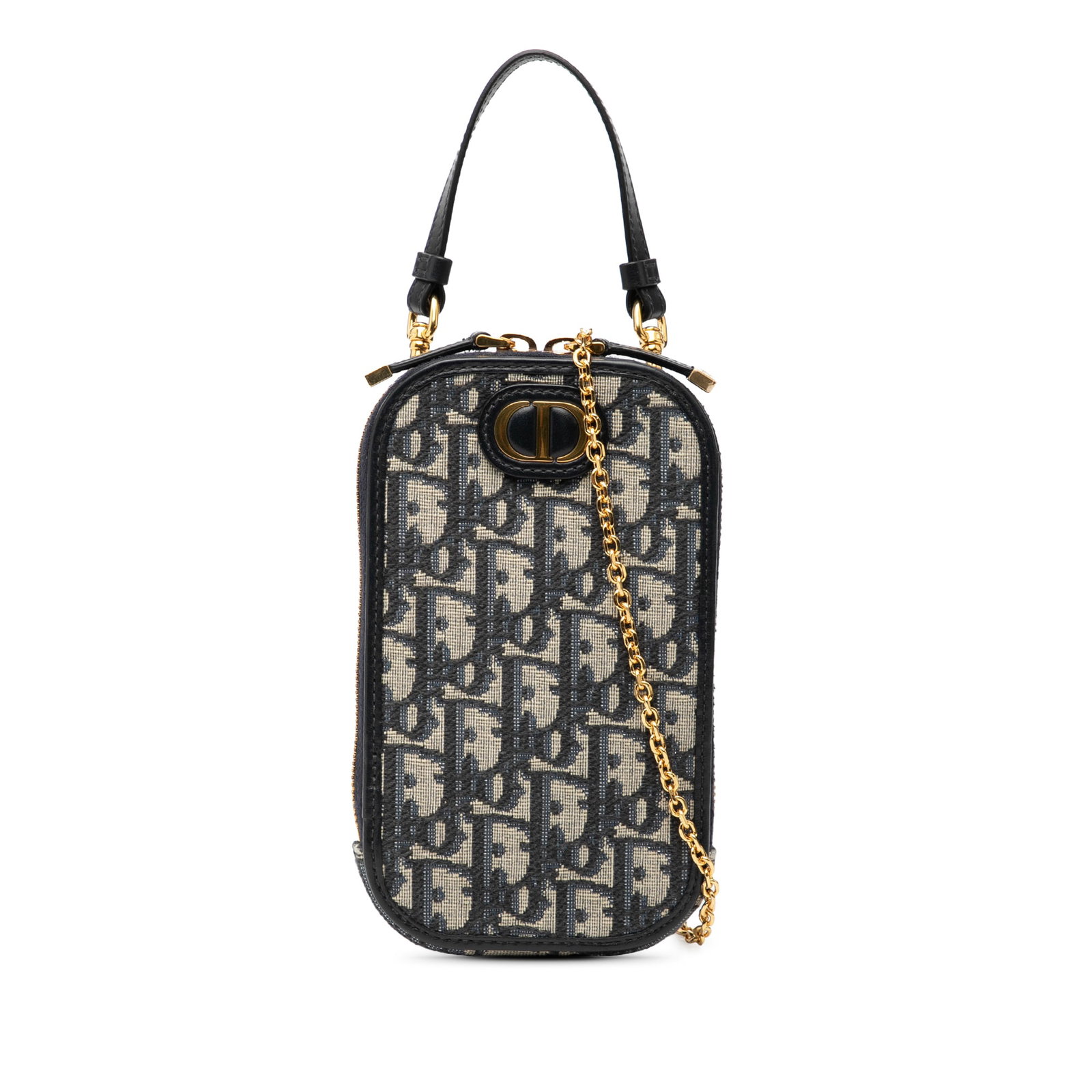 Dior 30 Montaigne Oblique Canvas Blue Phone Holder with Leather Trim: Dior 30 Montaigne Oblique Canvas Blue Phone Holder with Leather Trim This Dior Oblique Canvas 30 Montaigne Call in Dior phone holder features a canvas body with leather trim, a detachable leather hand