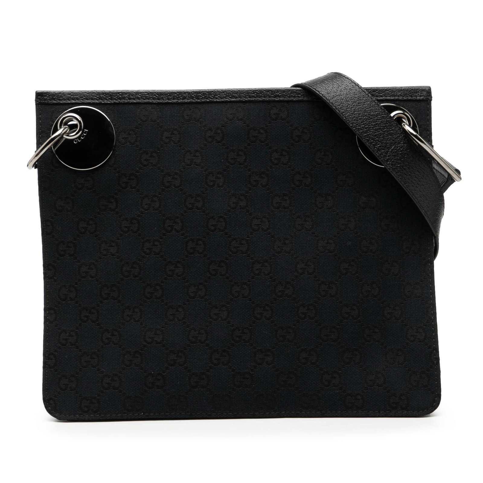 Gucci Eclipse Black GG Canvas Crossbody Bag with Leather Trim: Gucci Eclipse Black GG Canvas Crossbody Bag with Leather Trim The Gucci GG Canvas Eclipse Crossbody features a canvas body with leather trim, an adjustable flat leather strap, a top magnetic closure, 