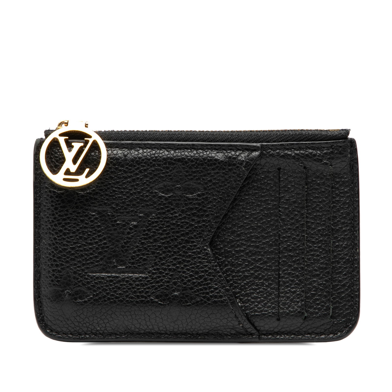 Louis Vuitton Romy Monogram Empreinte Black Leather Card Holder: Louis Vuitton Romy Monogram Empreinte Black Leather Card Holder This Louis Vuitton Monogram Empreinte Romy card holder features a black monogram-embossed leather body, a top zip closure, and multiple 