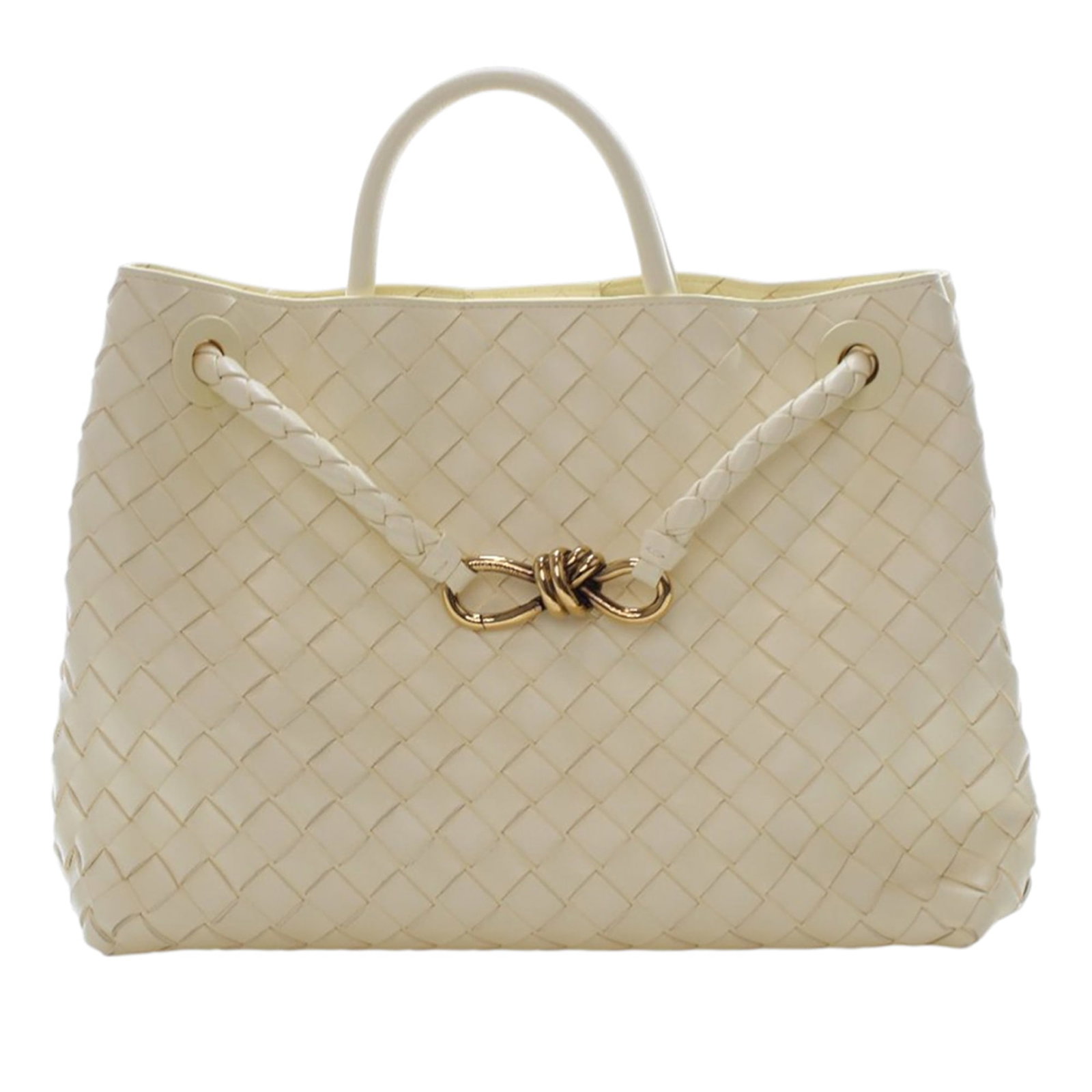 Bottega Veneta Andiamo Medium Yellow Lambskin Woven Shoulder Bag: Bottega Veneta Andiamo Medium Yellow Lambskin Woven Shoulder Bag This Bottega Veneta Medium Lambskin Intrecciato Andiamo Bag features a woven lambskin leather body in yellow, a rolled leather handle, 