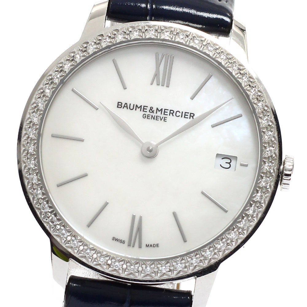 Baume Mercier Classima 65864 Women's Quartz Date Watch: Baume Mercier Classima 65864 Women's Quartz Date Watch This Baume & Mercier Classima women's wristwatch, reference 65864, features a stainless steel case paired with a leather strap and a white shell 