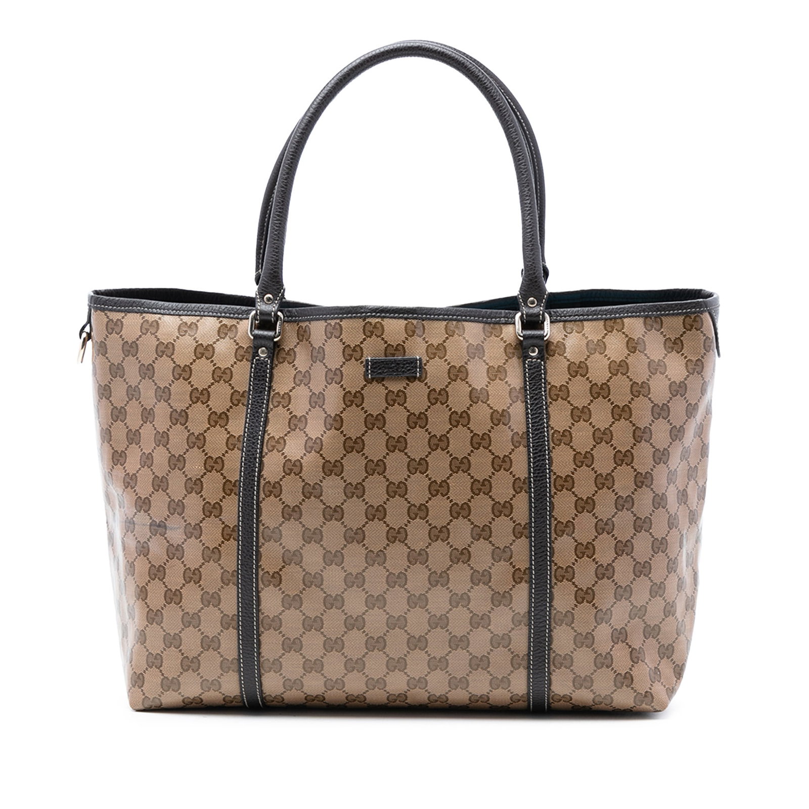 Beige Coated Canvas Joy Tote Bag by Gucci GG Crystal: Beige Coated Canvas Joy Tote Bag by Gucci GG Crystal The Gucci GG Crystal Joy Tote features a coated canvas body with leather trim, rolled leather straps, an open top with a magnetic snap closure, and