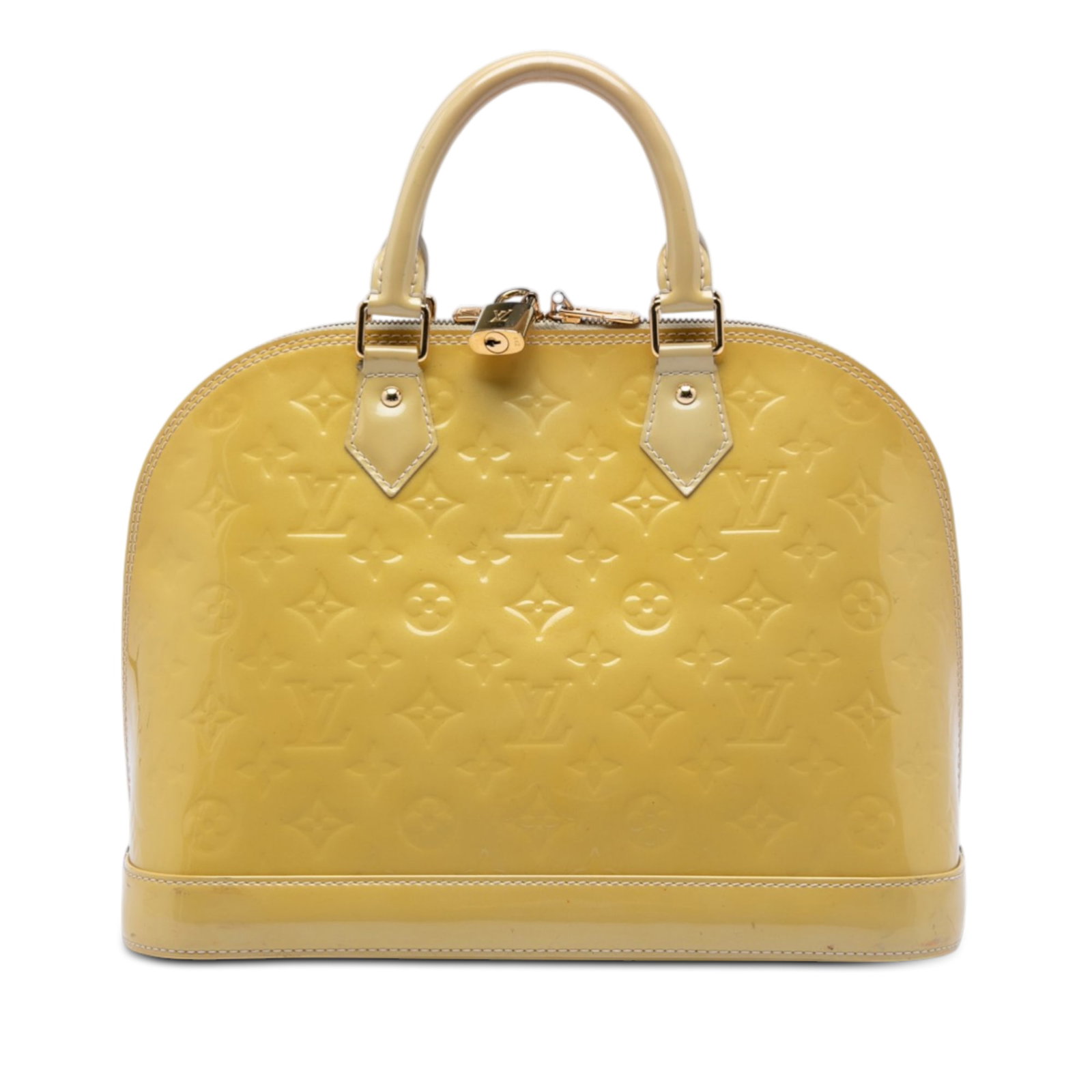 Louis Vuitton Alma PM Vernis Leather Handbag with Gold Tone Hardware Beige: Louis Vuitton Alma PM Vernis Leather Handbag with Gold Tone Hardware Beige The Louis Vuitton Monogram Vernis Alma PM features a glossy vernis leather exterior in beige, rolled handles, a detachable fl