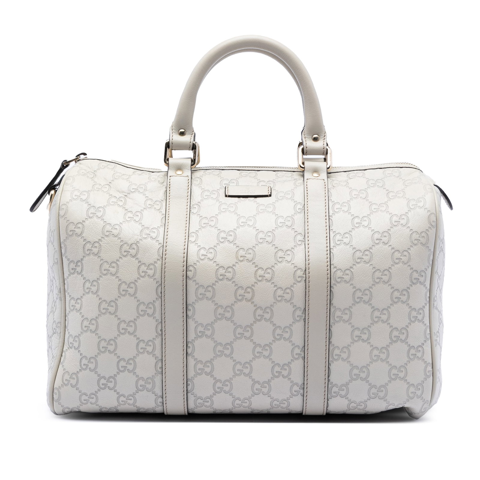Gucci Joy Boston Bag Medium Guccissima Embossed White Leather Italy: Gucci Joy Boston Bag Medium Guccissima Embossed White Leather Italy This Joy Boston bag features an embossed leather exterior with the signature Guccissima pattern. It is designed with rolled leather 