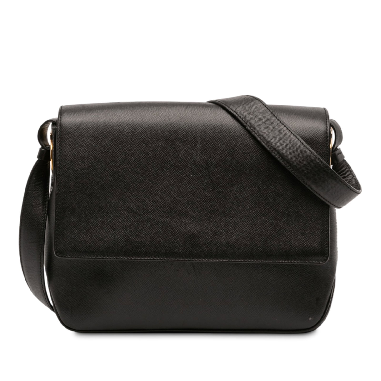 Black Leather Gancini Shoulder Bag by Ferragamo: Black Leather Gancini Shoulder Bag by Ferragamo This Ferragamo Gancini shoulder bag is crafted from black leather and features a flat leather strap, a front flap with magnetic snap closure, and an int
