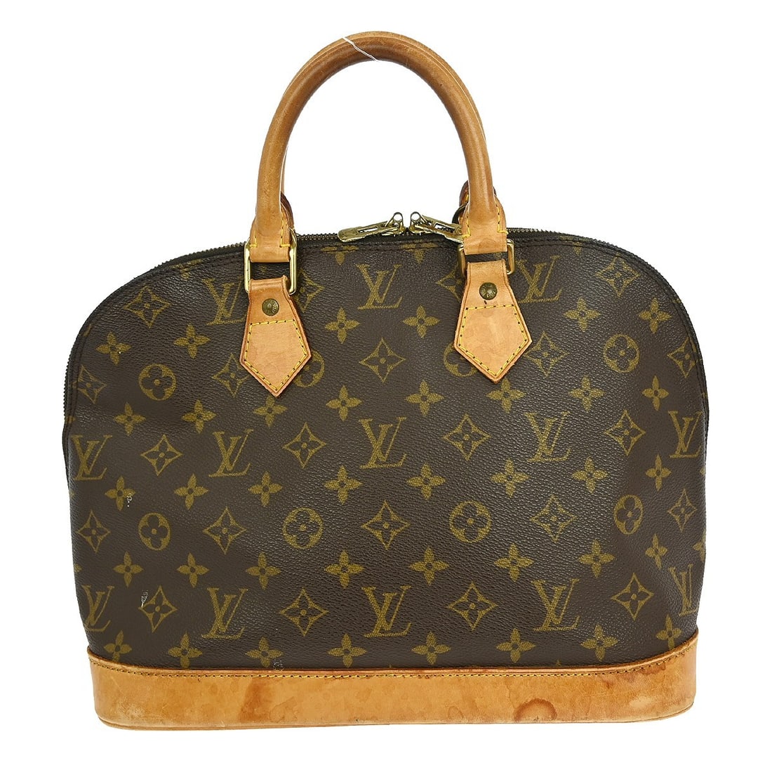 Alma Monogram Canvas Tote by Louis Vuitton: Alma Monogram Canvas Tote by Louis Vuitton This Louis Vuitton Alma handbag features the signature Monogram canvas in brown, designed for women. The bag shows signs of use, including scuffs, discolorat