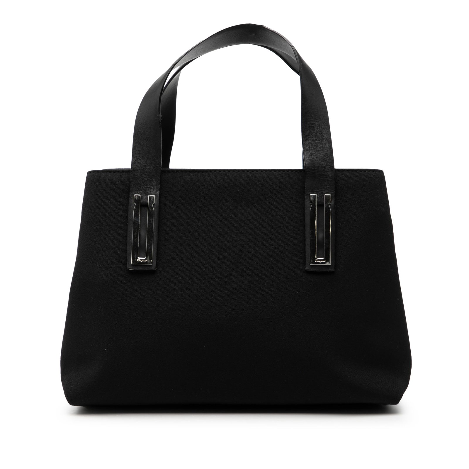 Black Nylon Tote Bag with Leather Handles by Ferragamo: Black Nylon Tote Bag with Leather Handles by Ferragamo This Ferragamo handbag is crafted from black nylon with flat leather handles. It features an open top and interior zip pockets, offering both pra