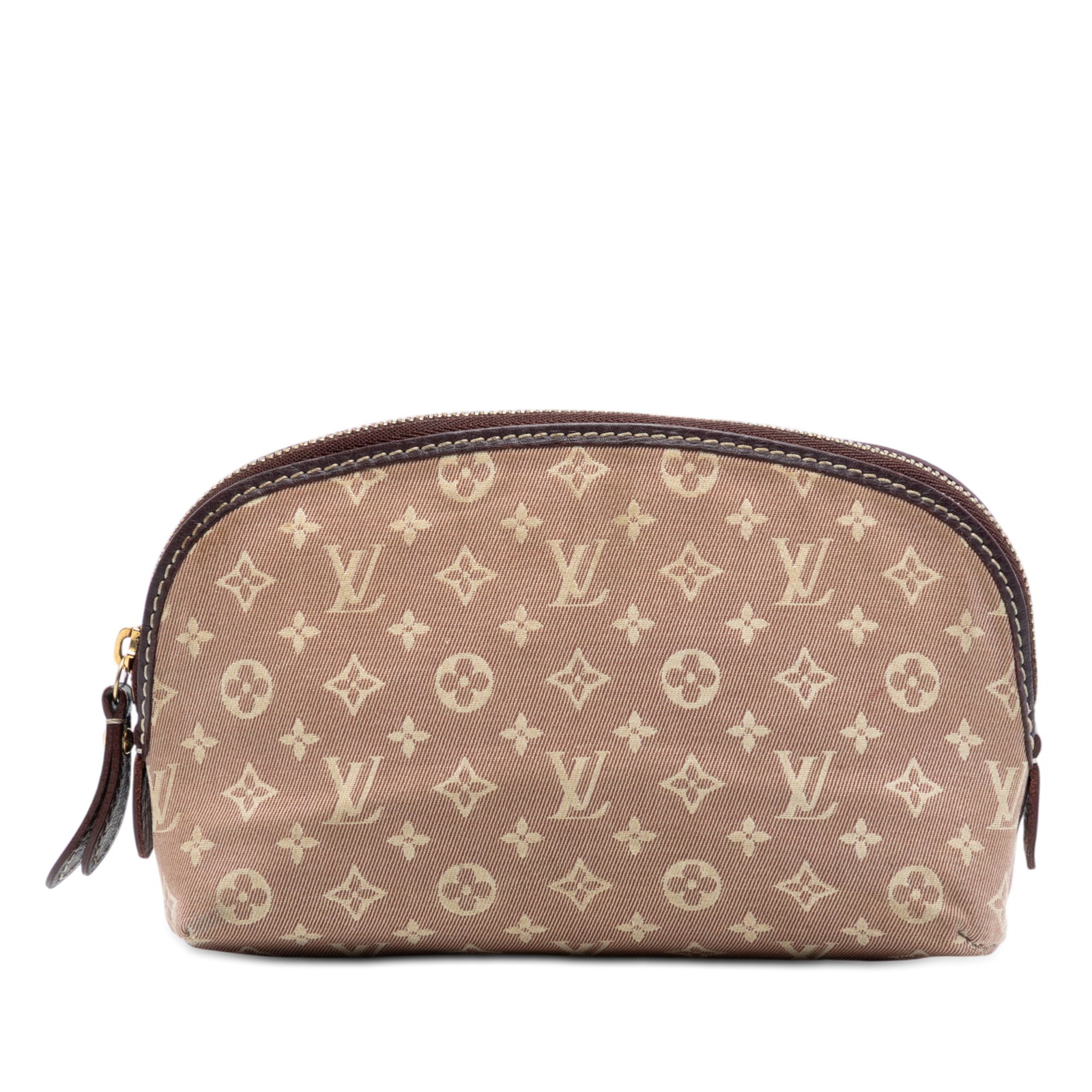 Red Monogram Mini Lin Fabric Cosmetic Bag by Louis Vuitton: Red Monogram Mini Lin Fabric Cosmetic Bag by Louis Vuitton The Louis Vuitton Monogram Mini Lin Cosmetic Pouch features a canvas body with leather trim, a top zip closure, and an interior slip pocket. 