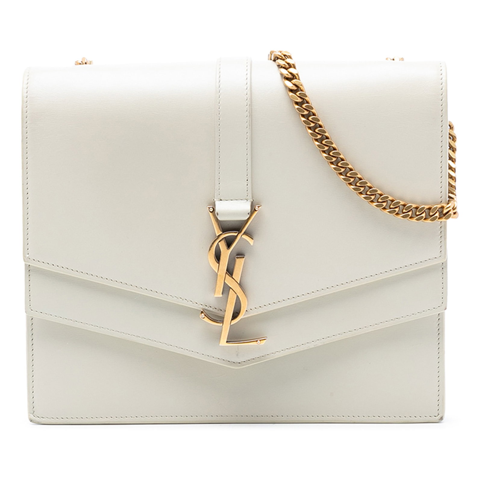 Saint Laurent Sulpice Medium White Leather Monogram Chain Shoulder Bag: Saint Laurent Sulpice Medium White Leather Monogram Chain Shoulder Bag This Saint Laurent Medium Leather Monogram Sulpice Crossbody bag features a white leather body, a chain link strap with a leather