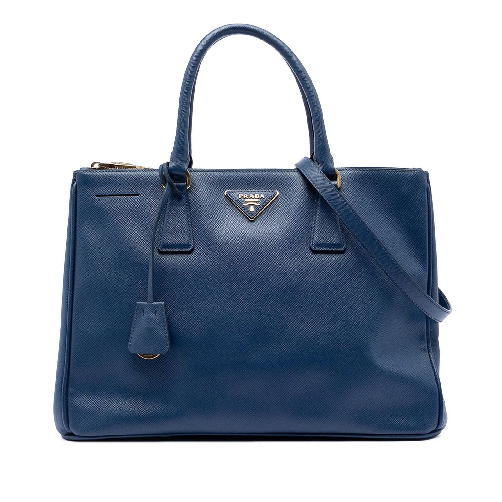 Prada Galleria Medium Blue Saffiano Leather Double Zip Satchel Bag: Prada Galleria Medium Blue Saffiano Leather Double Zip Satchel Bag This Prada Medium Saffiano Lux Galleria Double Zip Satchel features a structured saffiano leather body in blue, with rolled leather h