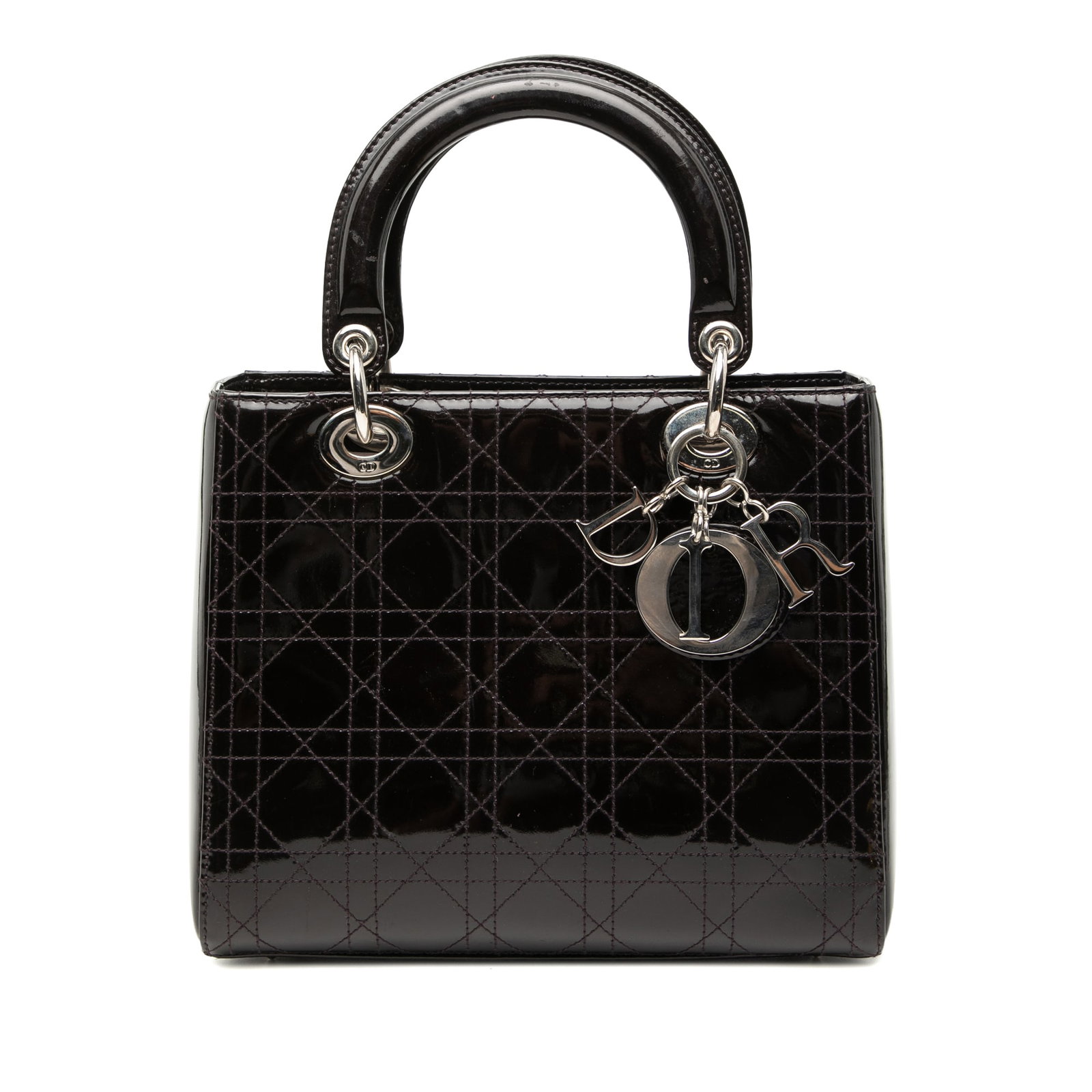 Dior Lady Dior Medium Purple Patent Leather Cannage Stitch Handbag: Dior Lady Dior Medium Purple Patent Leather Cannage Stitch Handbag This Dior Lady Dior handbag features a purple patent leather body with signature Cannage stitching, flat leather top handles, a top z