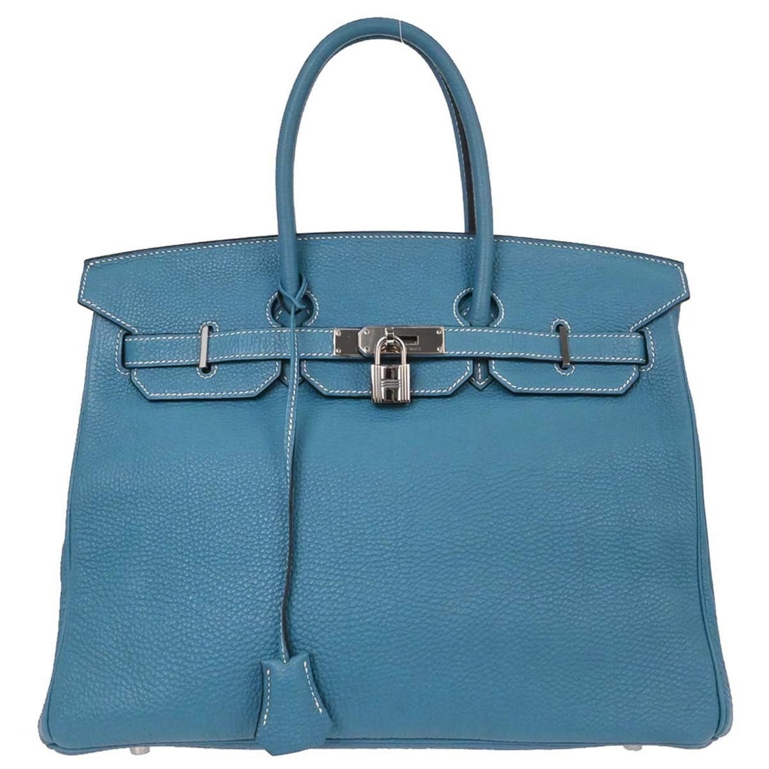 Blue Togo Leather Birkin 35 Bag with Palladium Accents by Hermes: Blue Togo Leather Birkin 35 Bag with Palladium Accents by Hermes This Hermes Birkin handbag features blue Togo leather paired with palladium hardware. Designed for women, it offers a sophisticated loo