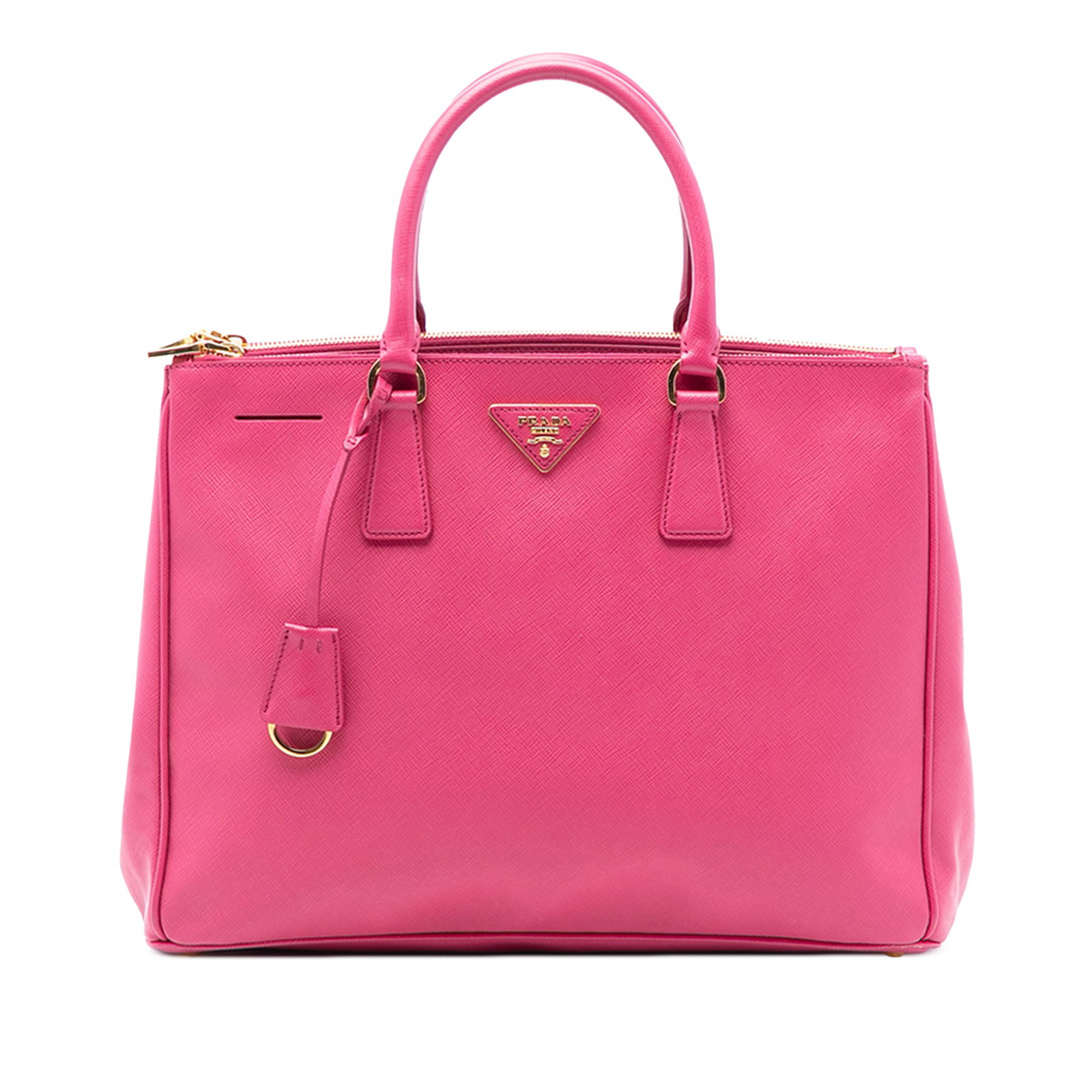 Prada Galleria Saffiano Leather Medium Pink Double Zip Satchel Bag: Prada Galleria Saffiano Leather Medium Pink Double Zip Satchel Bag This Prada Medium Saffiano Lux Galleria Double Zip Satchel features a pink saffiano leather body with rolled leather handles, an open