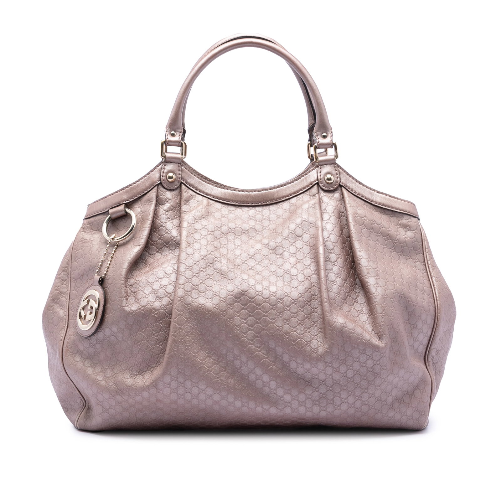 Pink Leather Sukey Tote Bag with Metallic Microguccissima by Gucci: Pink Leather Sukey Tote Bag with Metallic Microguccissima by Gucci This Gucci Large Metallic Microguccissima Sukey Tote features a pink leather body with an embossed microguccissima pattern, rolled le