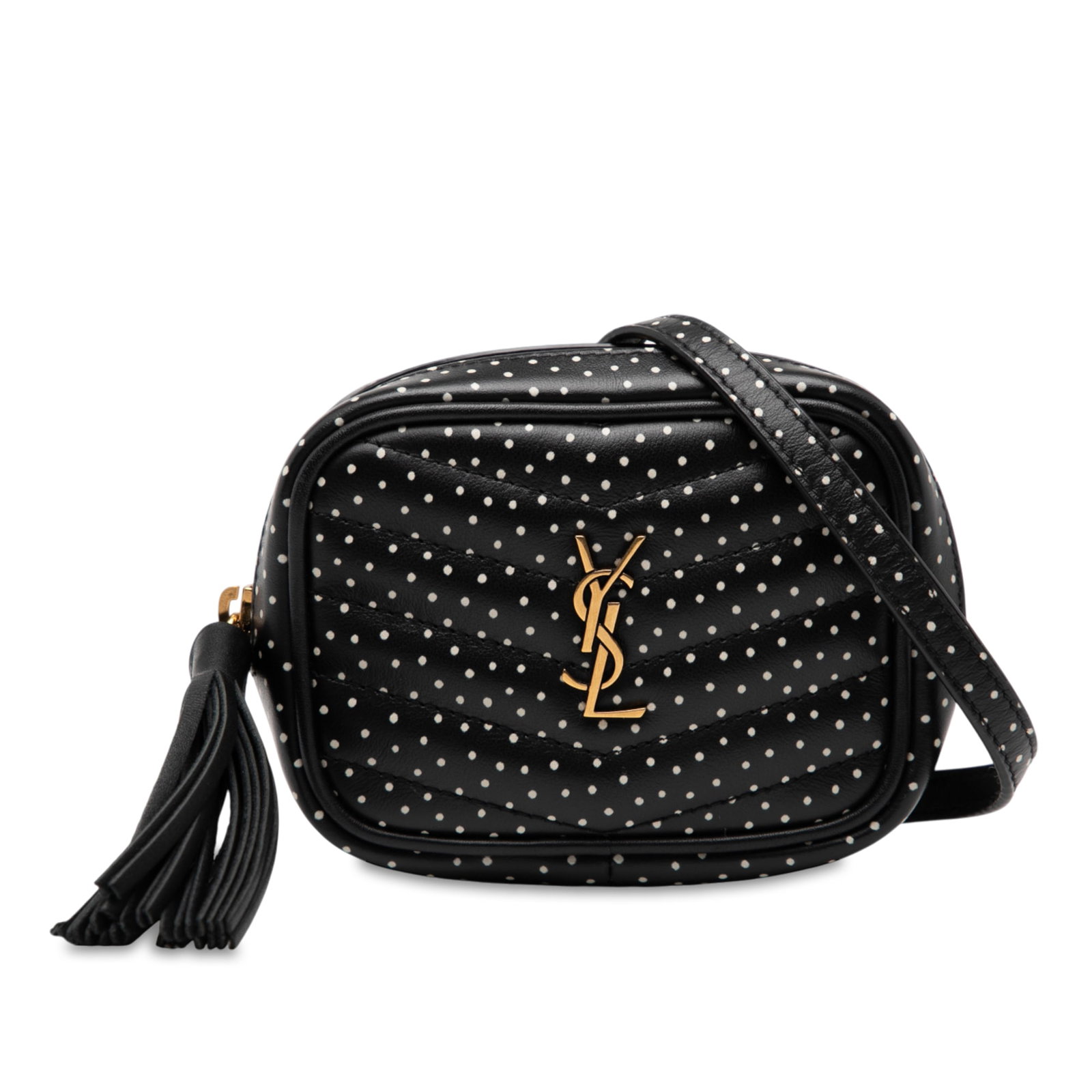 Saint Laurent Black Quilted Leather Polka Dot Lou Camera Bag: Saint Laurent Black Quilted Leather Polka Dot Lou Camera Bag Introducing the stunning Saint Laurent Baby Quilted Chevron Calfskin Monogram Polka Dot Lou Camera Bag, a chic crossbody bag crafted from l