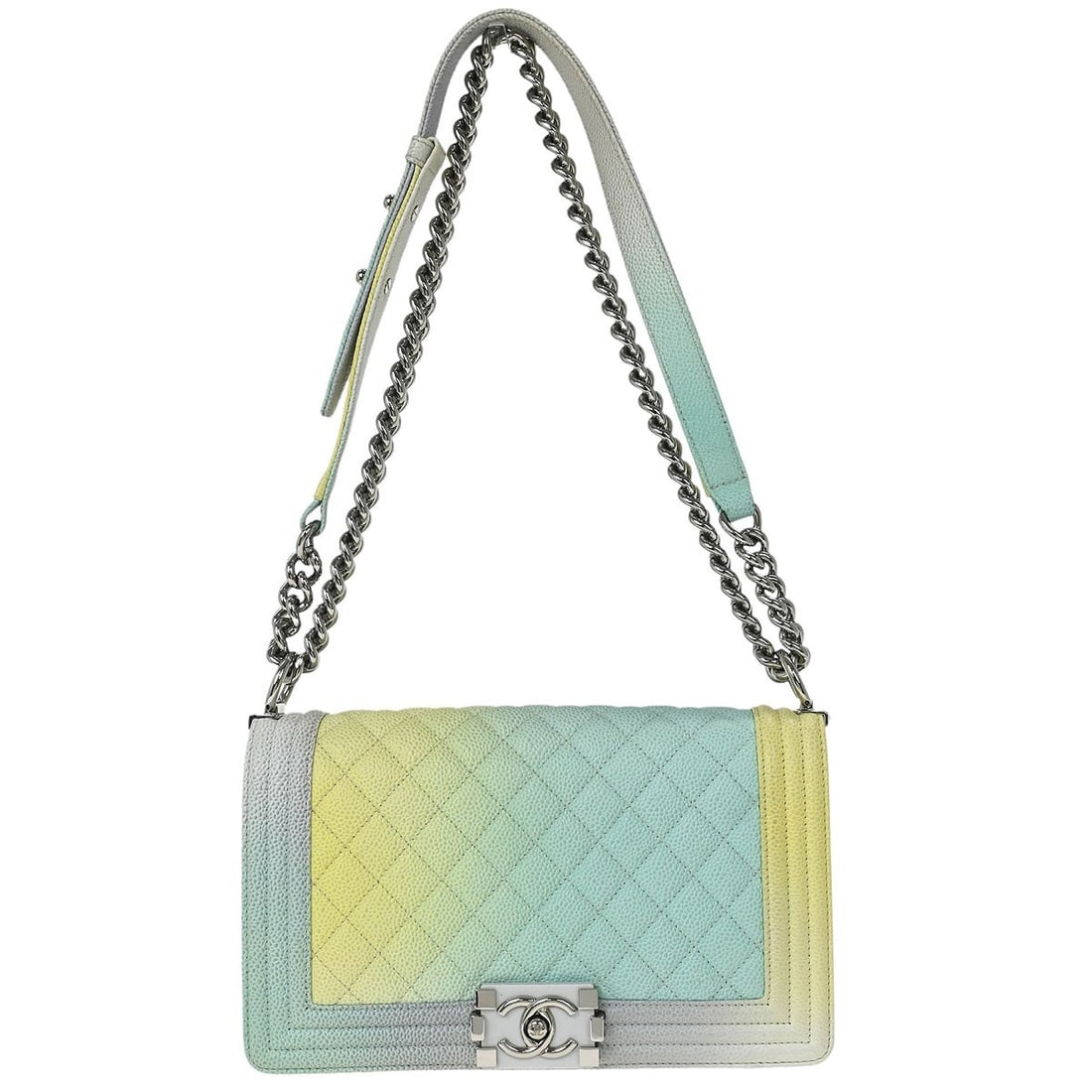 Chanel Quilted Leather Rainbow Boy Flap Multicolor Shoulder Bag: Chanel Quilted Leather Rainbow Boy Flap Multicolor Shoulder Bag This Chanel Rainbow Boy Flap Bag features quilted, painted caviar leather in a multicolour design. Designed for women, it offers a styli