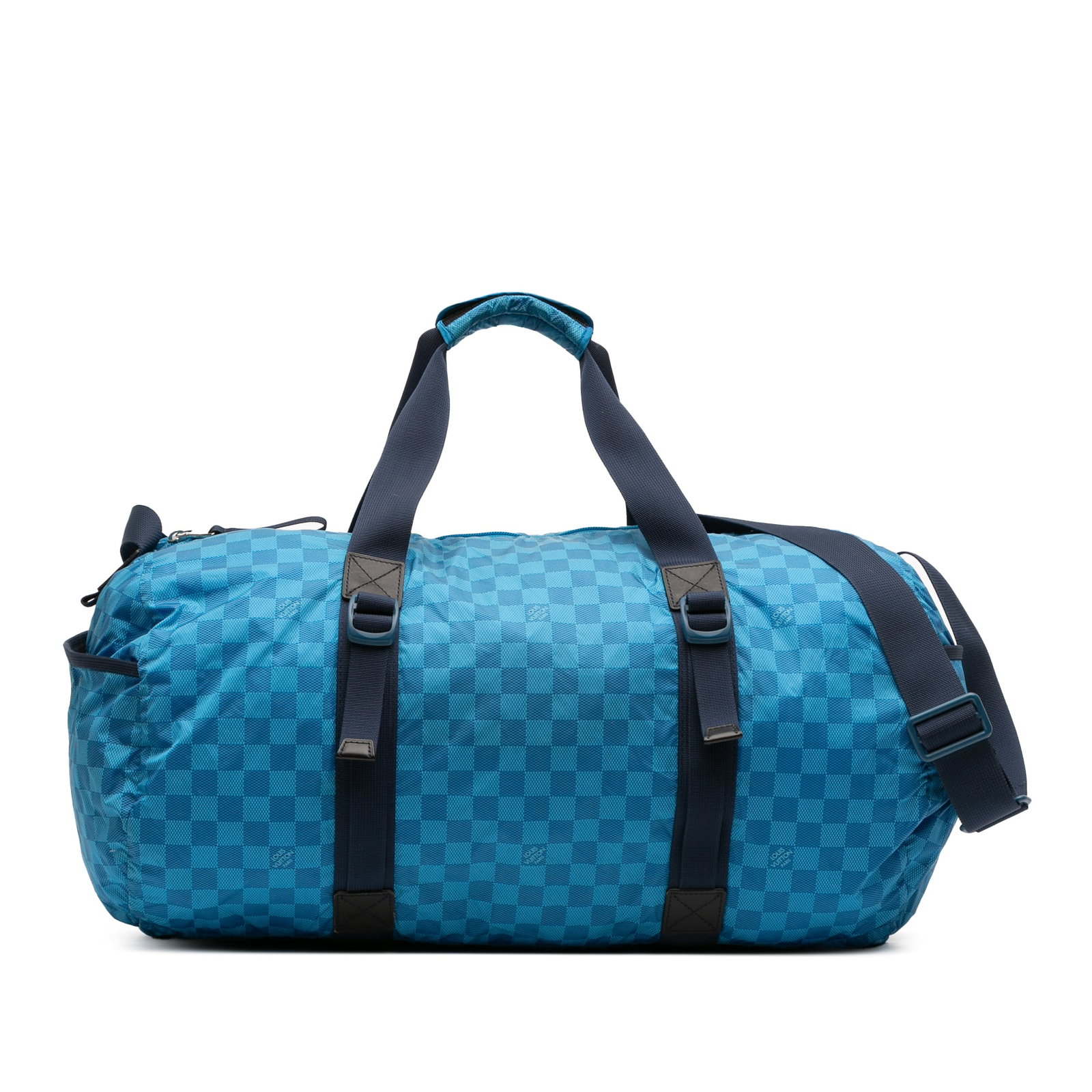 Damier Aventure Blue Nylon Tote with Shoulder Strap by Louis Vuitton: Damier Aventure Blue Nylon Tote with Shoulder Strap by Louis Vuitton The Louis Vuitton Damier Aventure Practical Bag features a durable nylon body in blue, complemented by flat handles and a flat shou