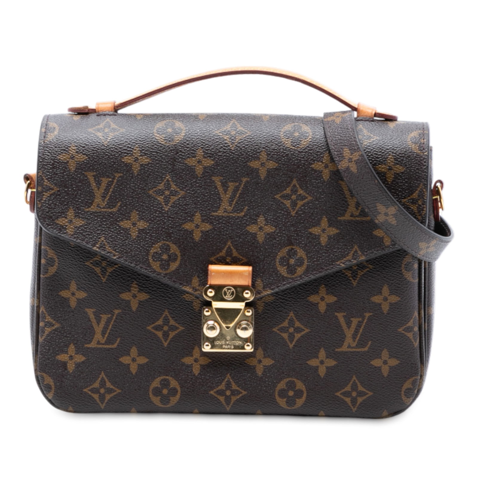 Louis Vuitton Pochette Metis Bag in Monogram Canvas with Top Handle: Louis Vuitton Pochette Metis Bag in Monogram Canvas with Top Handle The Louis Vuitton Monogram Pochette Metis features a brown monogram canvas exterior with a flat vachetta leather top handle and a de