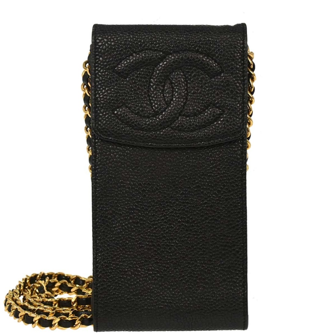 Chanel Caviar Leather Chain Crossbody Shoulder Pochette Small Black Gold Hardware: Chanel Caviar Leather Chain Crossbody Shoulder Pochette Small Black Gold Hardware This Chanel black calfskin chain shoulder bag is crafted from caviar skin leather and features a compact design suitab