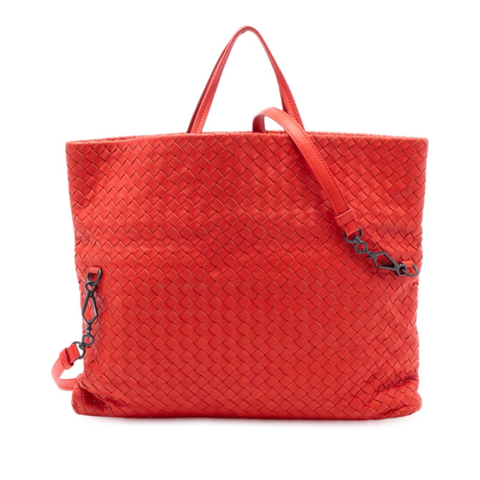 Bottega Veneta Red Leather Intrecciato Fold Over Satchel with Strap: Bottega Veneta Red Leather Intrecciato Fold Over Satchel with Strap This Bottega Veneta Nappa Intrecciato Fold Over Satchel features a woven leather exterior in red, flat handles, and a detachable fla