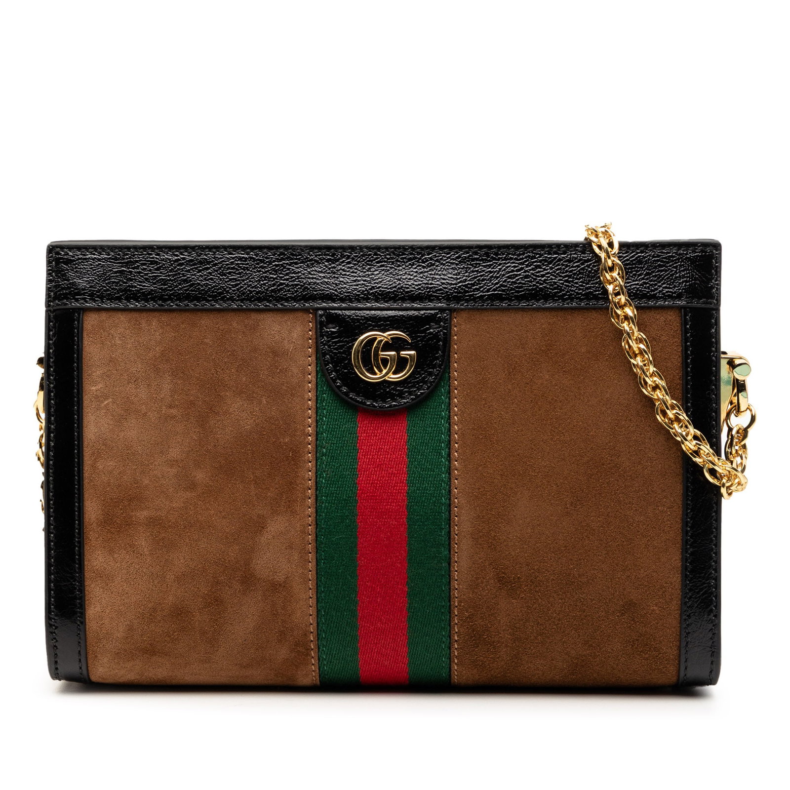Gucci Ophidia Small Brown Suede Chain Shoulder Bag with Leather Trim: Gucci Ophidia Small Brown Suede Chain Shoulder Bag with Leather Trim This Gucci Small Suede Web Ophidia Chain Crossbody bag features a brown suede body with leather trim, a gold-tone chain link should