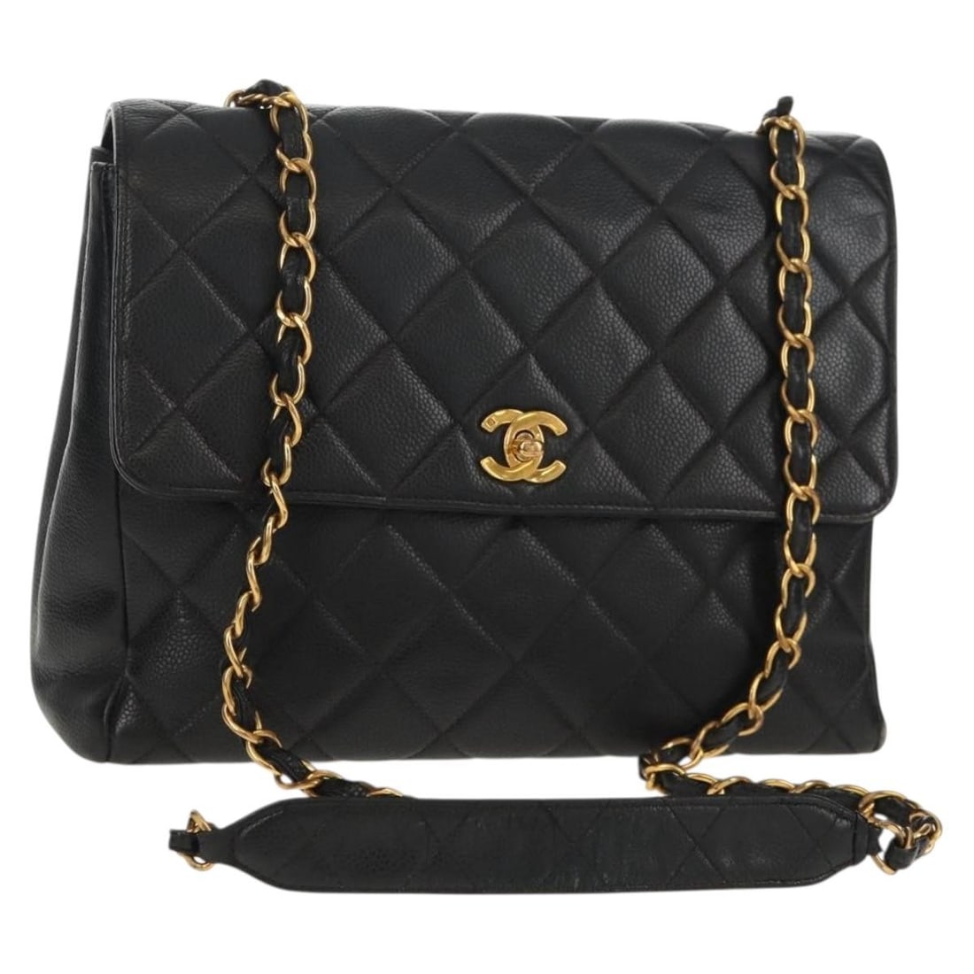 Chanel Caviar Matelasse Black Shoulder Bag with Gold Tone Chain and Dust Bag: Chanel Caviar Matelasse Black Shoulder Bag with Gold Tone Chain and Dust Bag This CHANEL Matelasse chain shoulder bag is crafted from black grained calfskin caviar leather and features gold-tone CC de