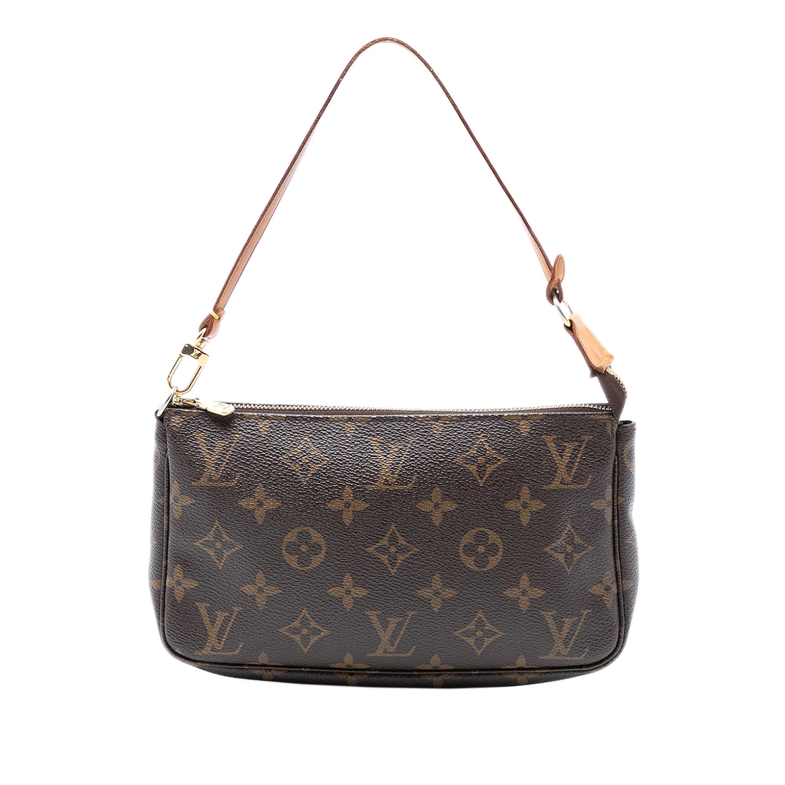 Louis Vuitton Pochette Accessoires Monogram Canvas Handbag with Leather Strap: Louis Vuitton Pochette Accessoires Monogram Canvas Handbag with Leather Strap This Louis Vuitton Monogram Pochette Accessoires features the iconic monogram canvas body, complemented by a flat vachetta