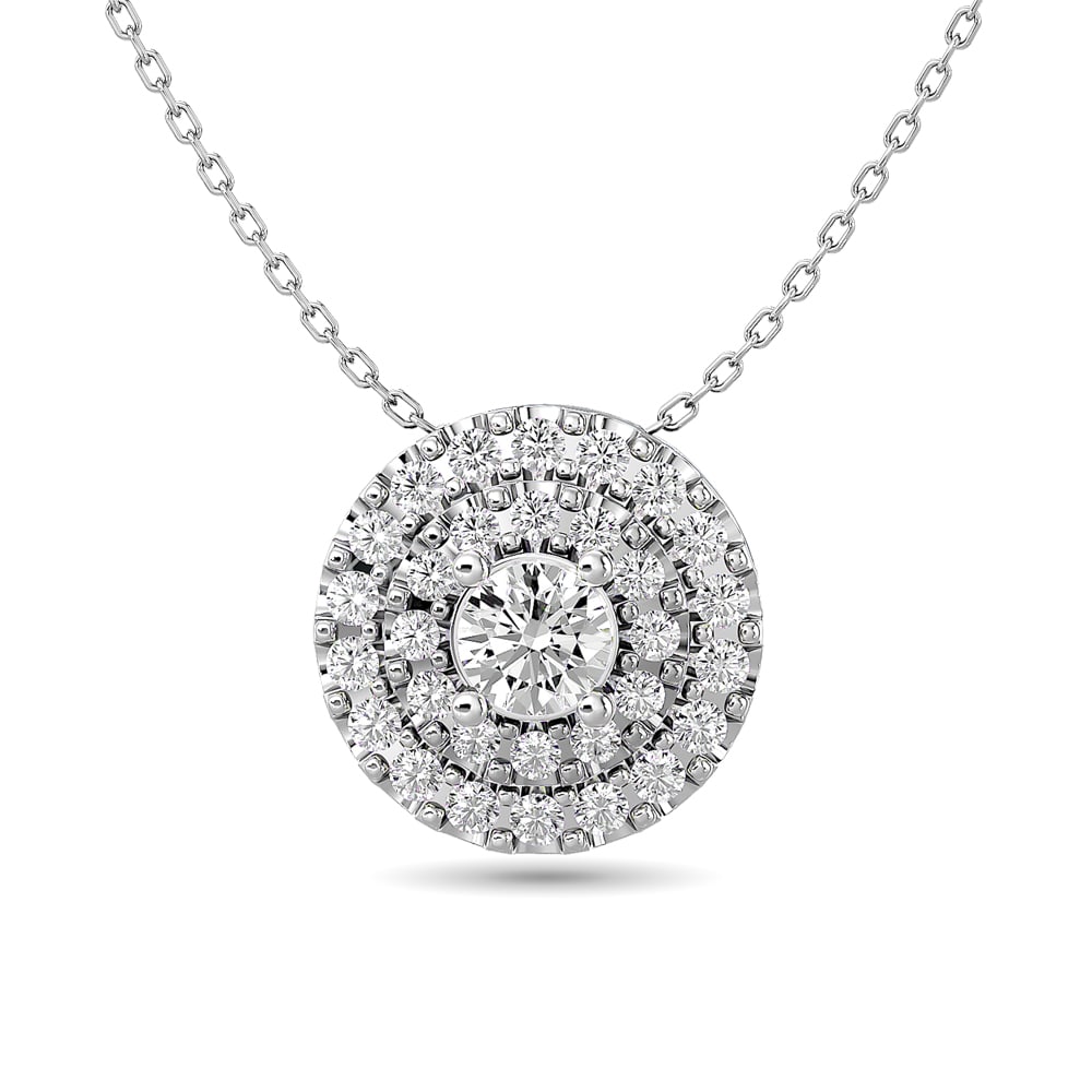 Diamond Round Cut Double Halo Pendant 3/8 Ct.tw in 14K White Gold: Diamond Round Cut Double Halo Pendant 3/8 Ct.tw in 14K White Gold Diamond Round Cut Double Halo Pendant 3/8 Ct.Tw. in 14K White Gold (1/6Ct.Tw. Centre) 14k White Gold Stone Color: Gh Stone Clarity: Si