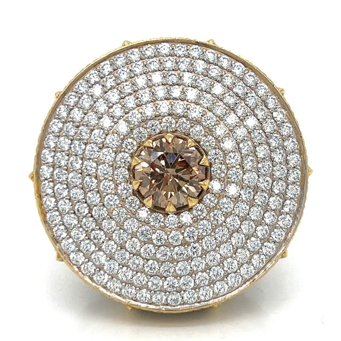 18K Gold 3.07 Ct GIA Certified Fancy Yellow Brown Cocktail Ring: 18K Gold 3.07 Ct GIA Certified Fancy Yellow Brown Cocktail Ring This stunning large cocktail ring features a GIA Certified Fancy Yellow Brown round diamond weighing 3.07 Ct, beautifully complemented b