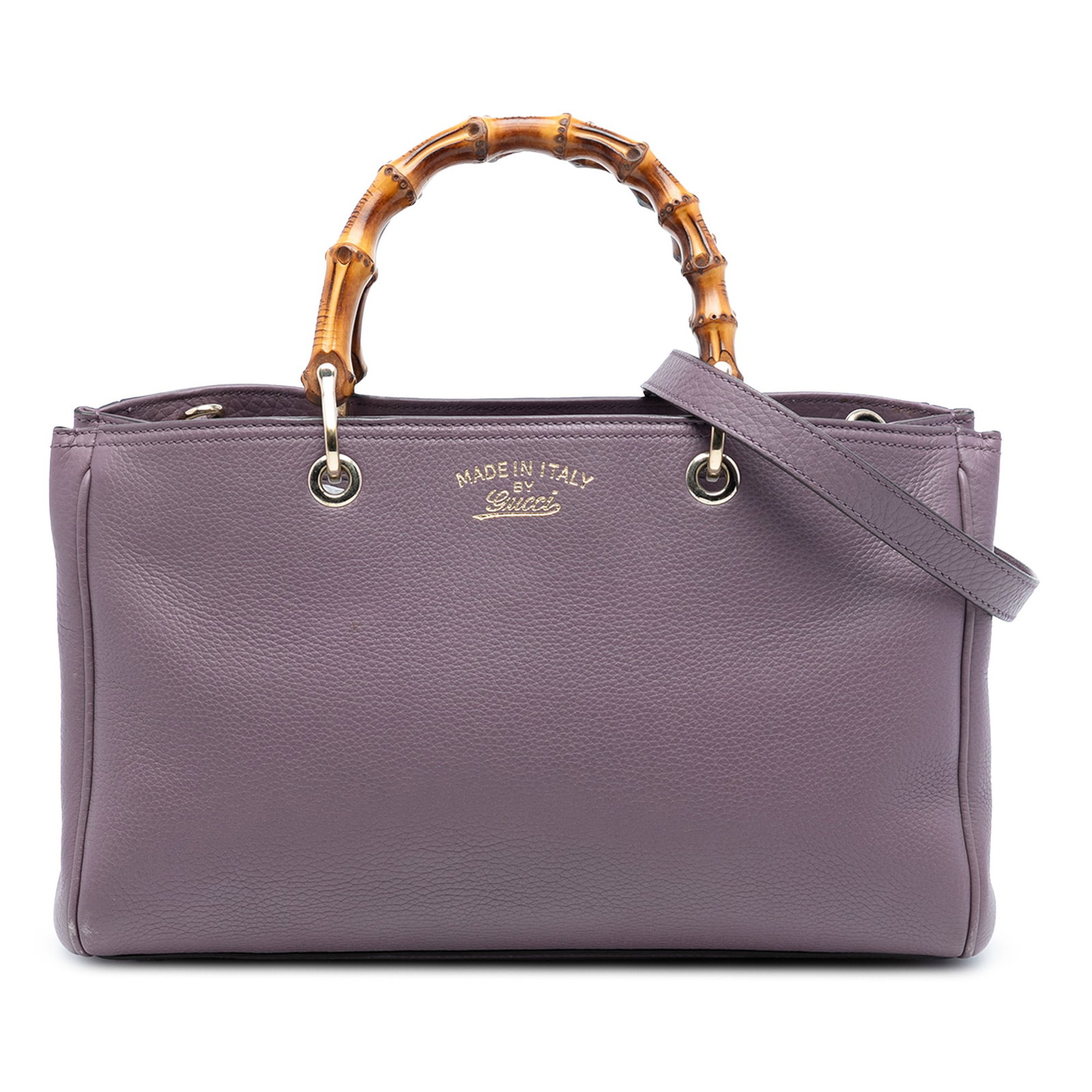 Gucci Bamboo Handle Medium Leather Shopper Satchel Purse: Gucci Bamboo Handle Medium Leather Shopper Satchel Purse This Gucci Medium Calfskin Bamboo Shopper Satchel features a purple leather body with signature bamboo top handles. It is designed with an open