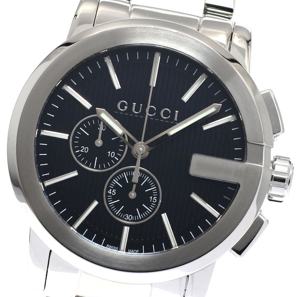 Gucci G Chrono Quartz Chronograph Men's Wristwatch 44mm: Gucci G Chrono Quartz Chronograph Men's Wristwatch 44mm This pre-owned Gucci G Chrono men's wristwatch features a stainless steel case and bracelet with a black dial. The watch is powered by a quartz 