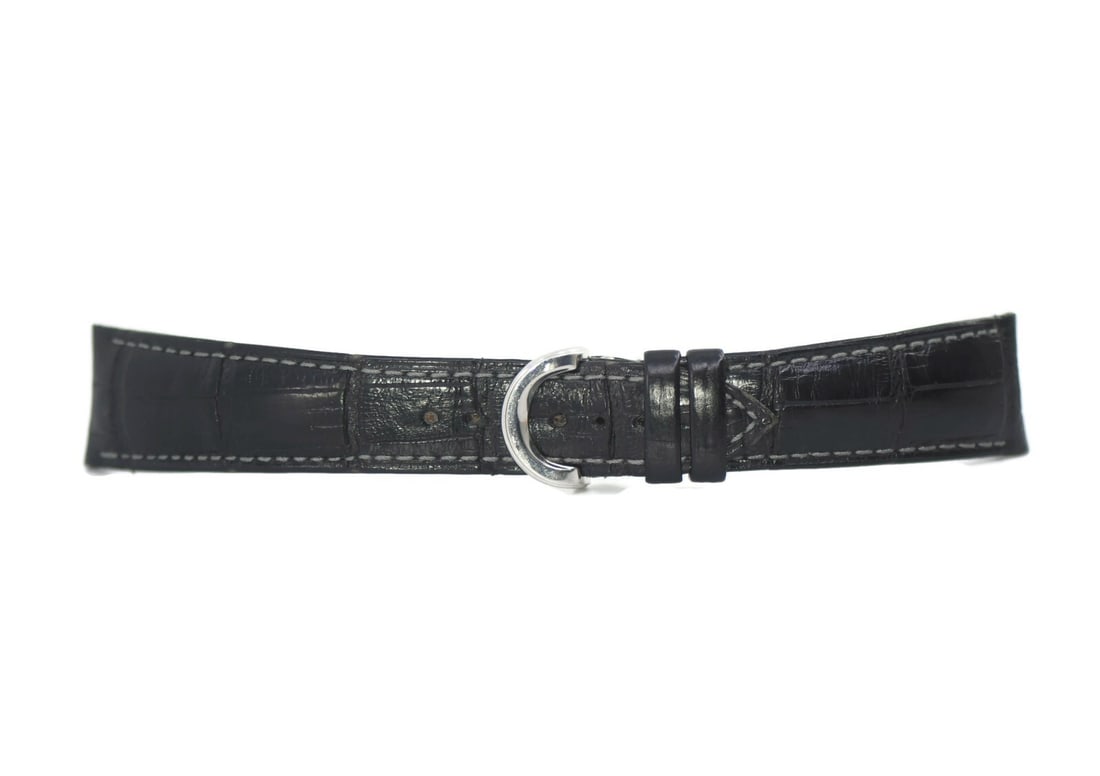 Audemars Piguet Black Leather Strap 20mm with Platinum Buckle: Audemars Piguet Black Leather Strap 20mm with Platinum Buckle Elevate your timepiece with this Audemars Piguet Black Leather Strap, designed for a perfect fit with Audemars Piguet Platinum watches. Cr
