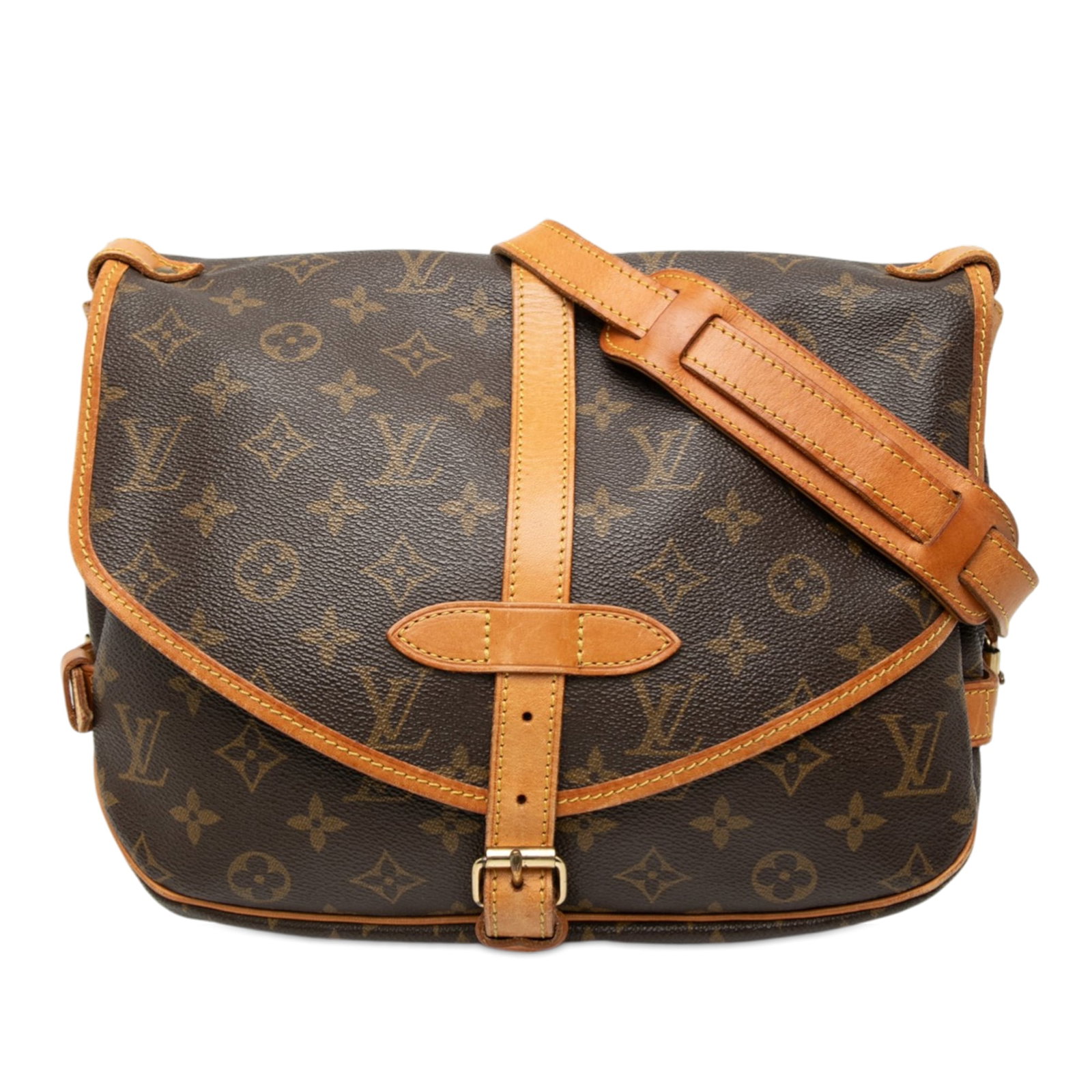 Louis Vuitton Saumur 25 Shoulder Bag Monogram Canvas with Vachetta Leather Trim: Louis Vuitton Saumur 25 Shoulder Bag Monogram Canvas with Vachetta Leather Trim The Louis Vuitton Monogram Saumur 25 features the iconic monogram canvas with vachetta leather trim and an adjustable fl