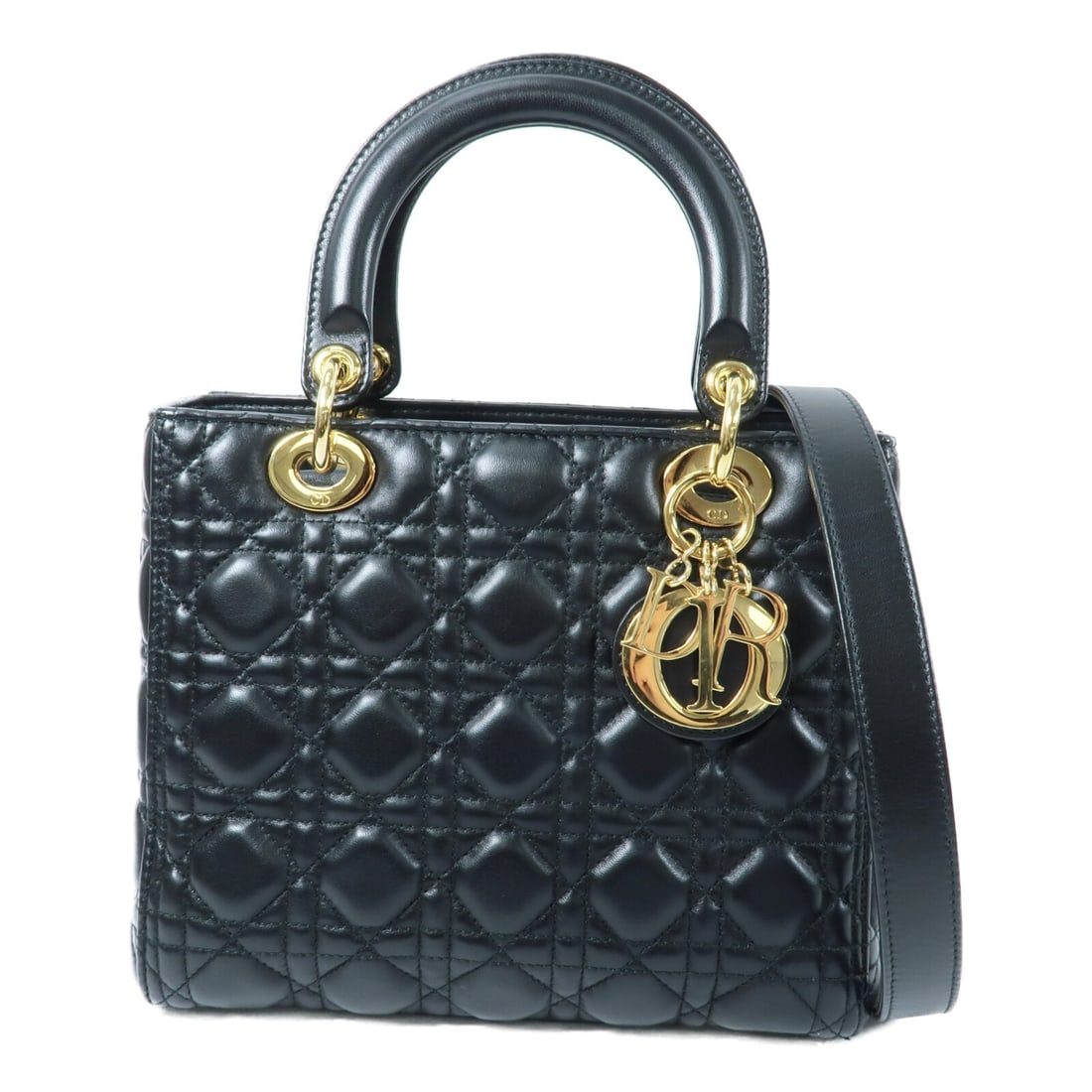 Dior Lady Dior Black Lambskin 2 Way Shoulder Bag GHW: Dior Lady Dior Black Lambskin 2 Way Shoulder Bag GHW This Christian Dior Lady Dior 2-way shoulder bag is crafted from luxurious black lambskin leather. Featuring gold-tone hardware and a structured si