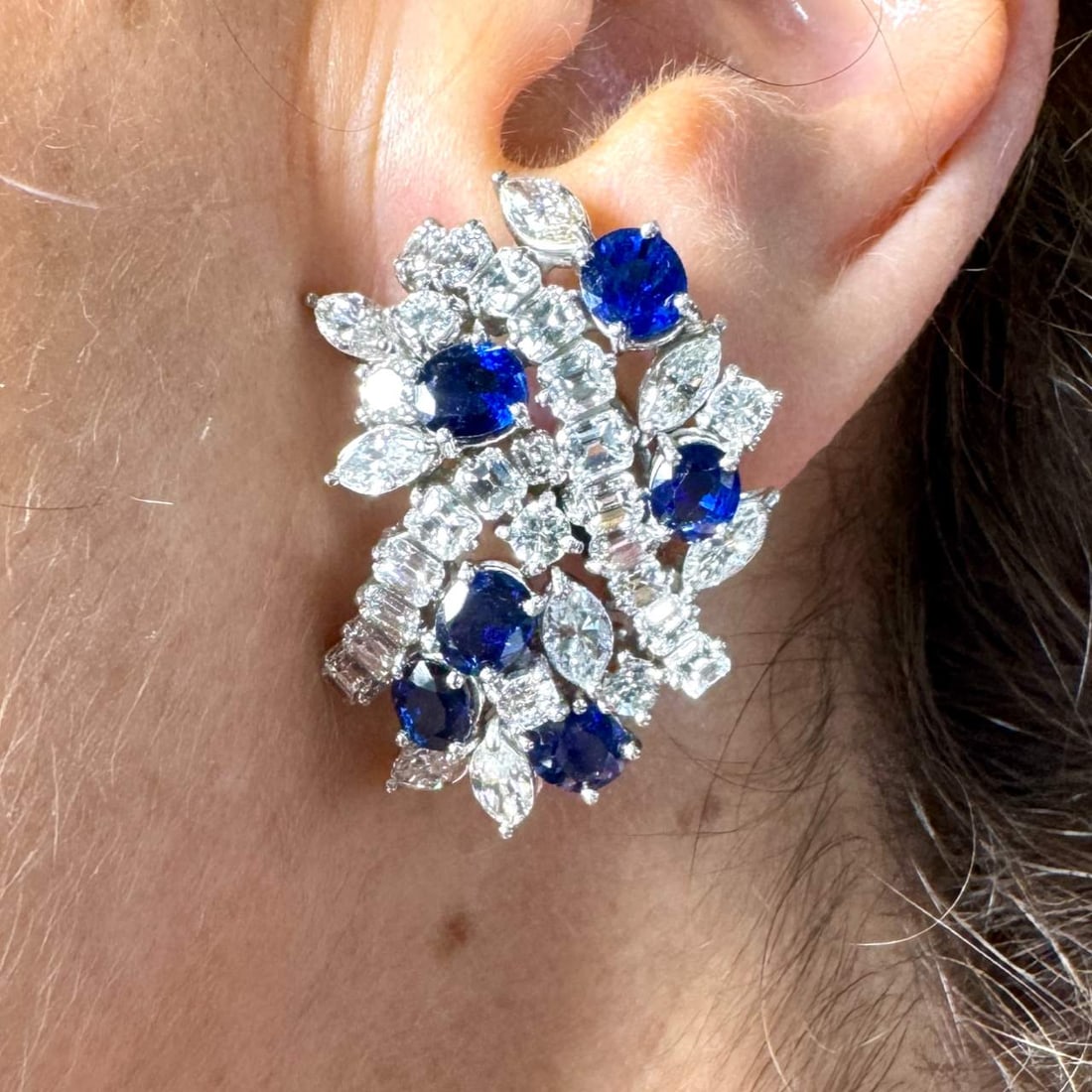Vintage 1950's Platinum Sapphire Diamond Earrings 10.50 Ct: Vintage 1950's Platinum Sapphire Diamond Earrings 10.50 Ct These exquisite 1950's platinum earrings feature a stunning arrangement of 64 diamonds totaling approximately 10.50 ct, showcasing G-I color 